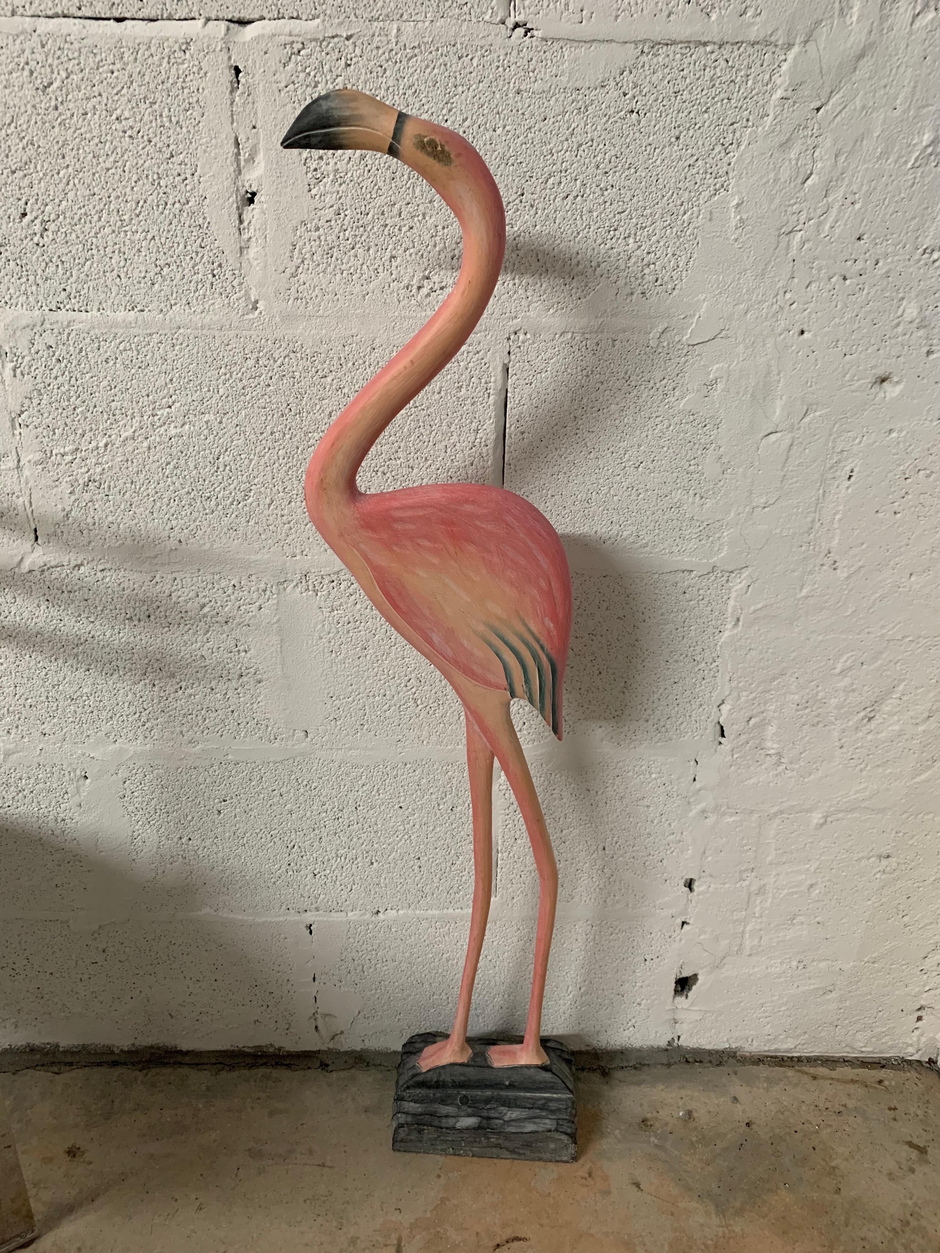 Mid-Century Modern Pair of Life-Sized Carved Wood Flamingo Sculptures