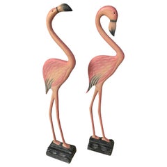 Pair of Life-Sized Carved Wood Flamingo Sculptures