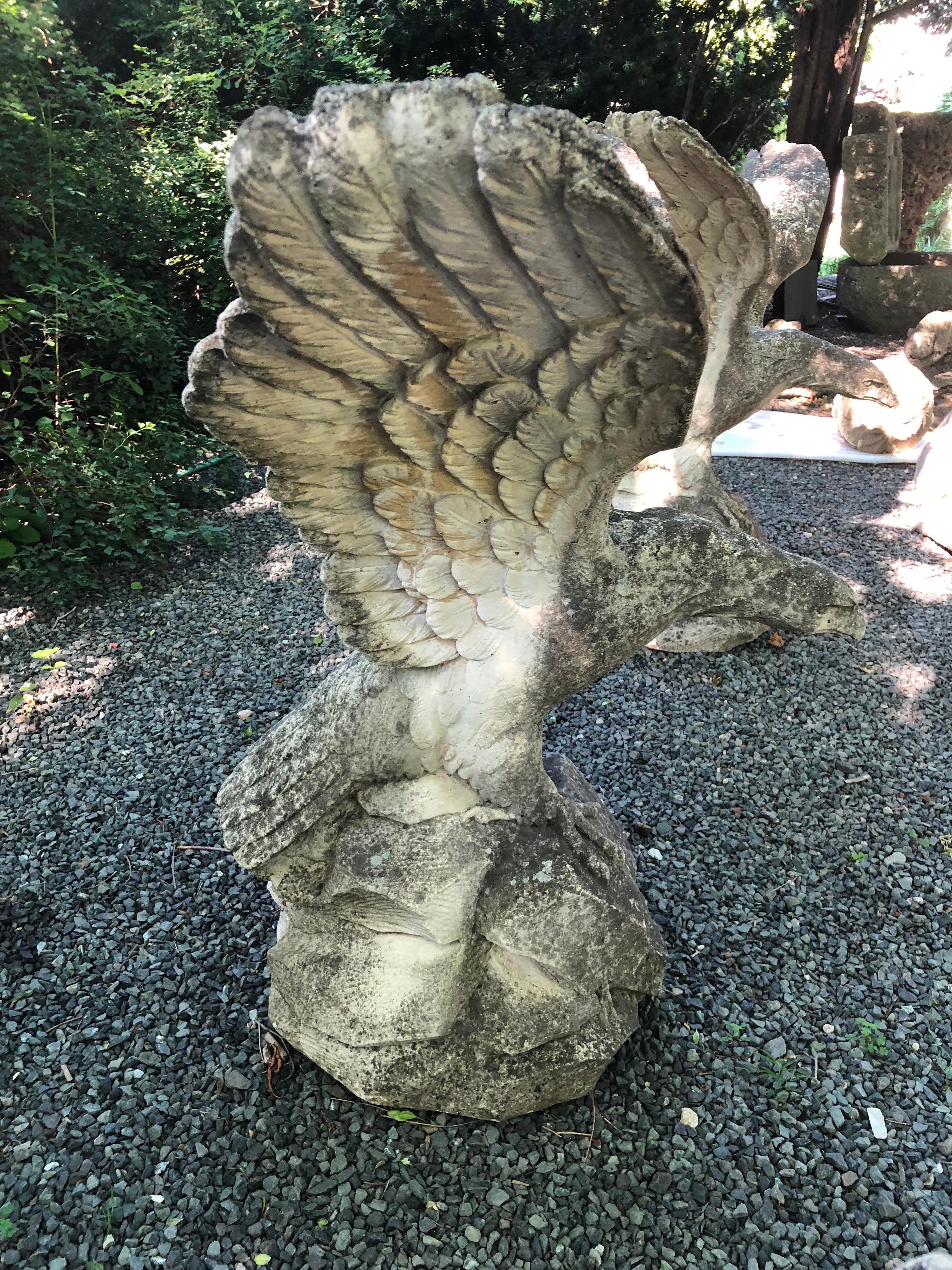 Pair of Life-Sized English Cast Stone Eagles with Outstretched Wings In Good Condition In Woodbury, CT