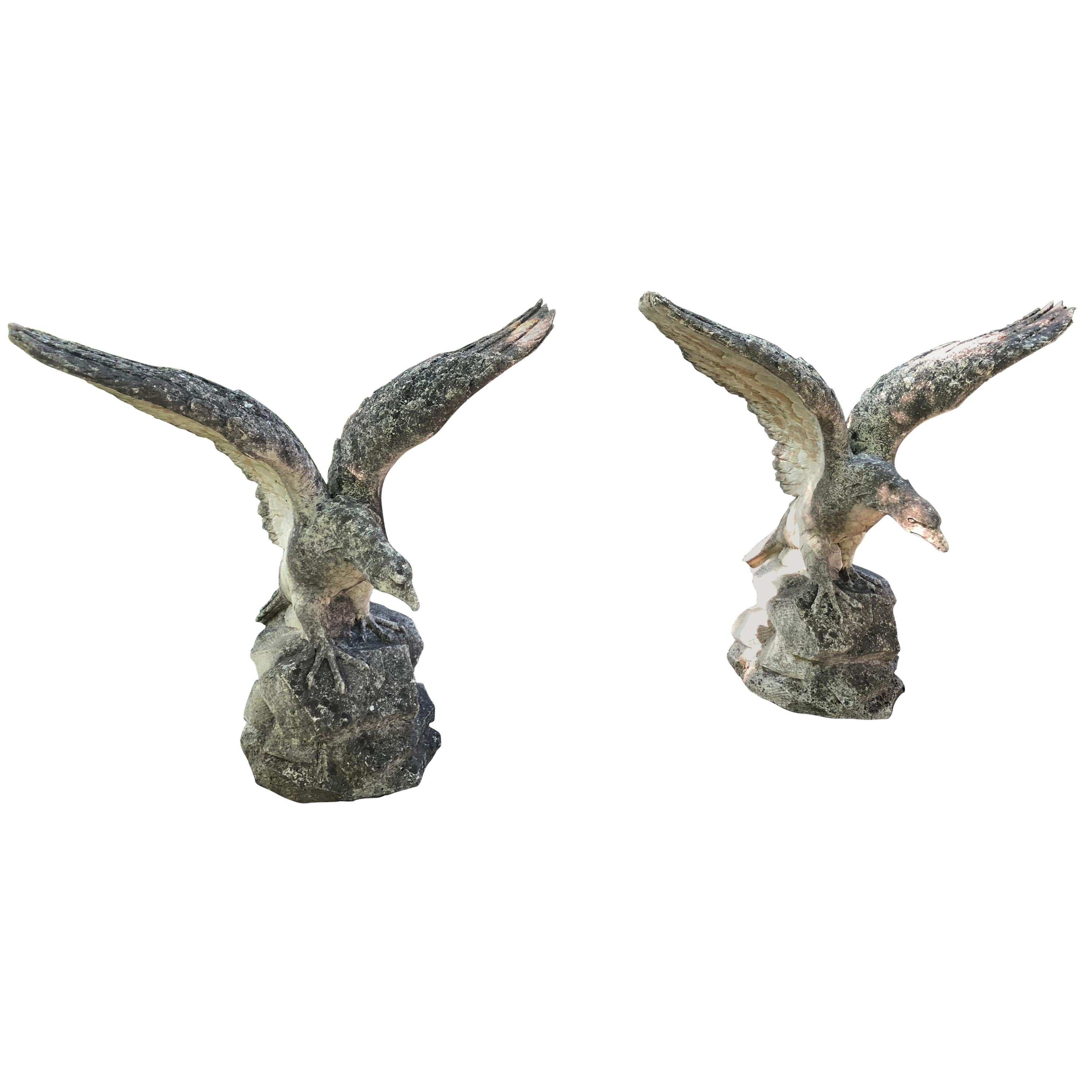 Pair of Life-Sized English Cast Stone Eagles with Outstretched Wings