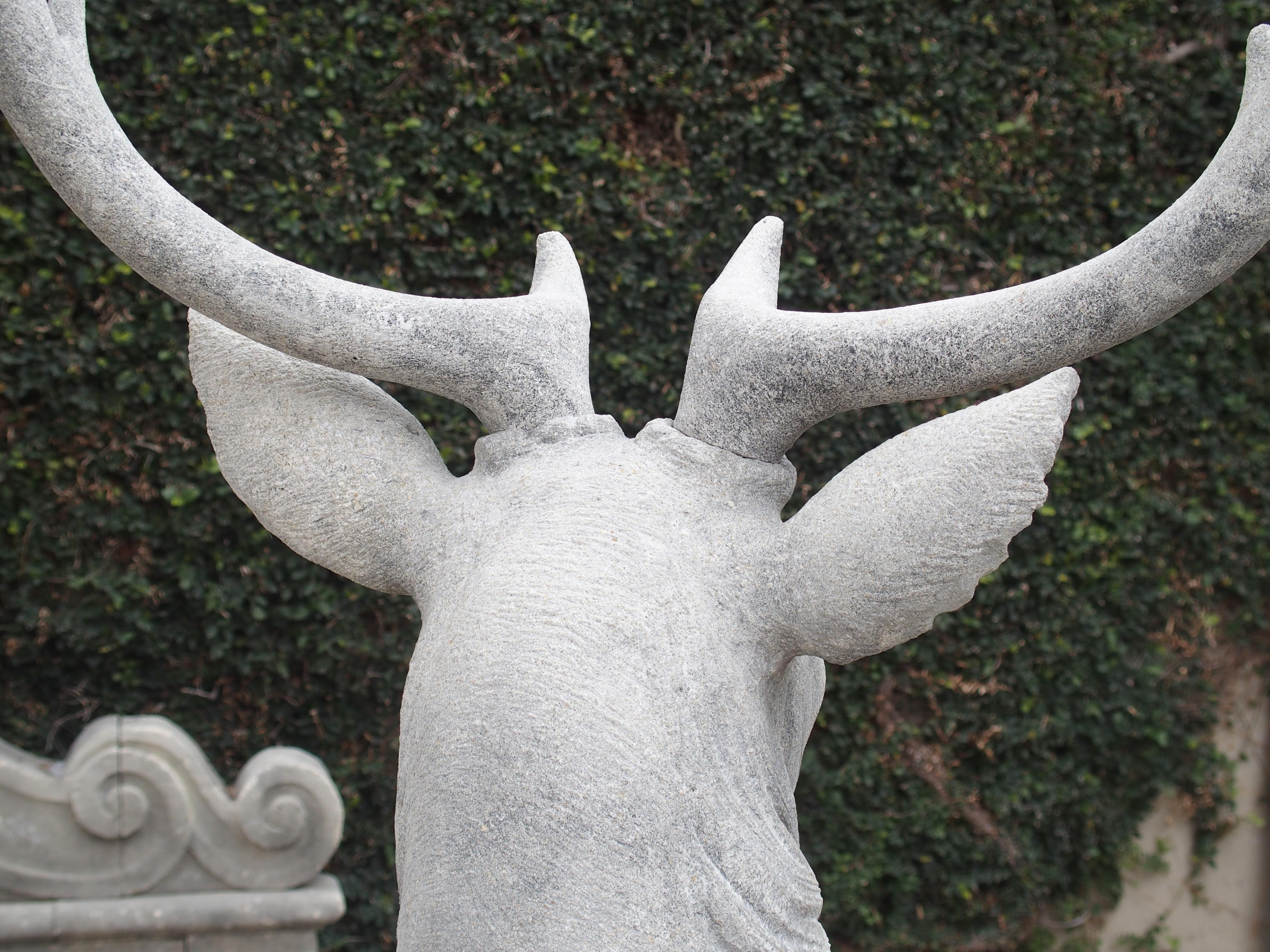 Pair of Life-Sized Italian Carved Limestone Stags on Pedestals 8