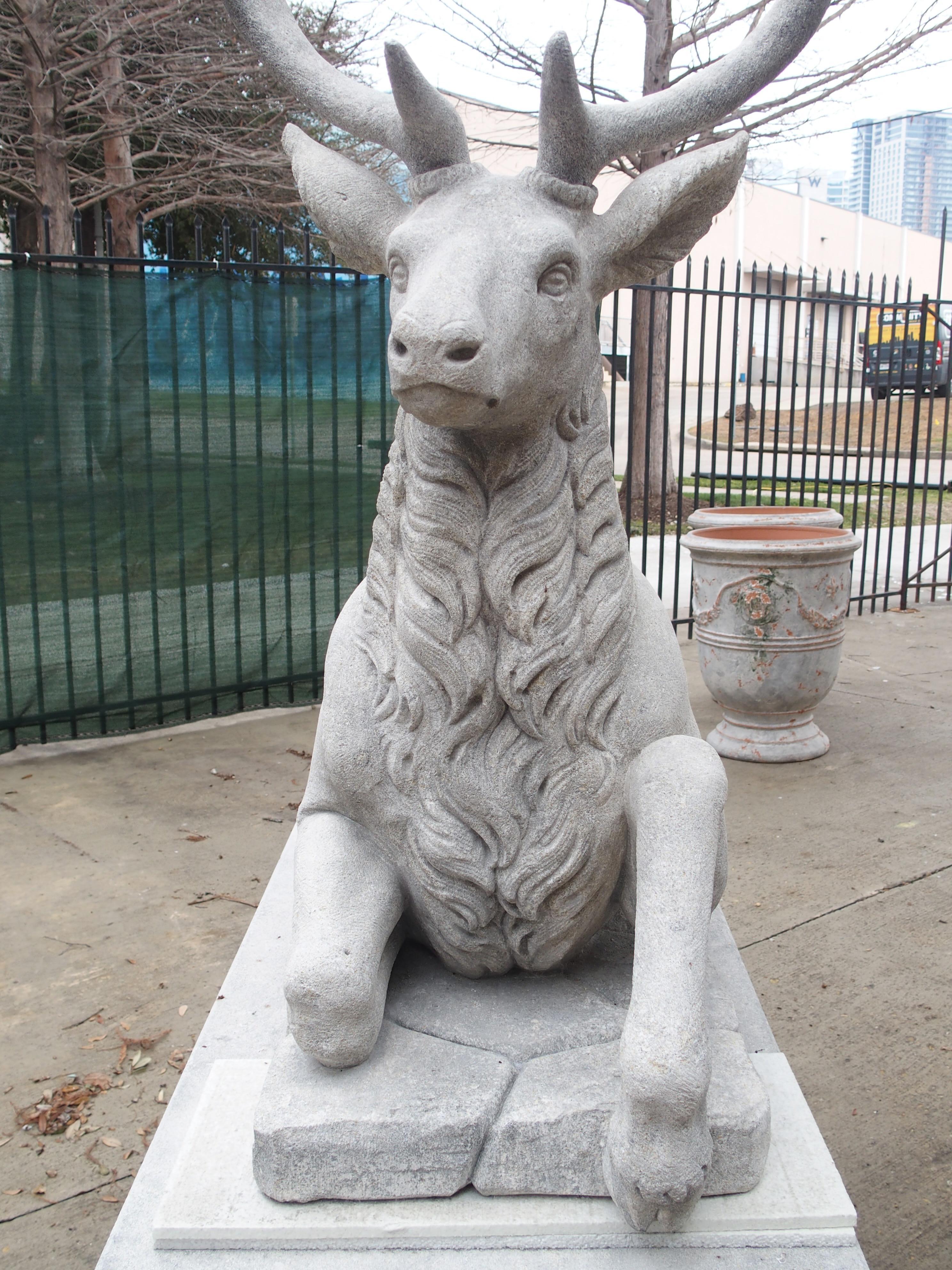 Hand-Carved Pair of Life-Sized Italian Carved Limestone Stags on Pedestals