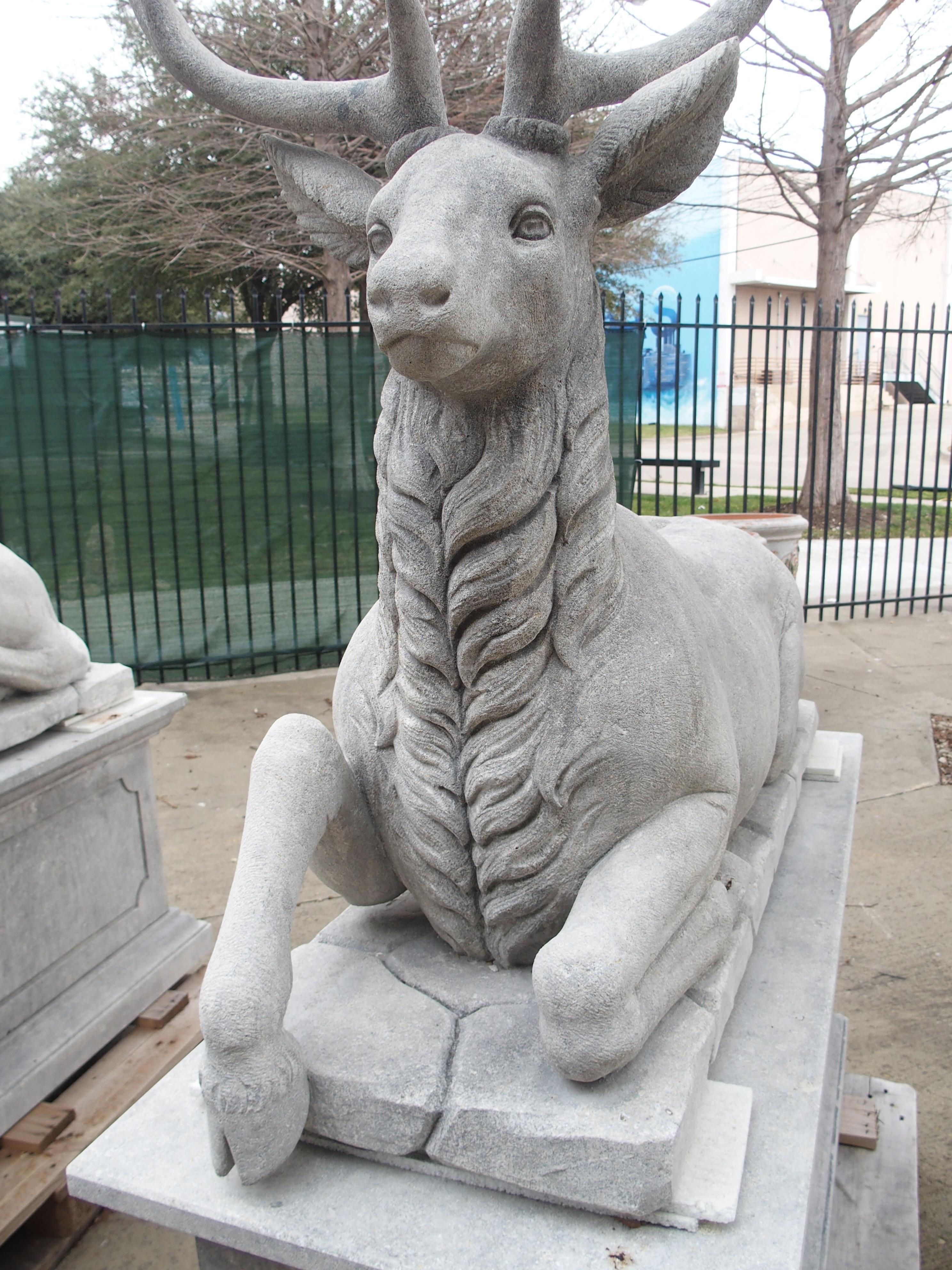 Pair of Life-Sized Italian Carved Limestone Stags on Pedestals In Good Condition In Dallas, TX