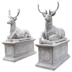 Pair of Life-Sized Italian Carved Limestone Stags on Pedestals