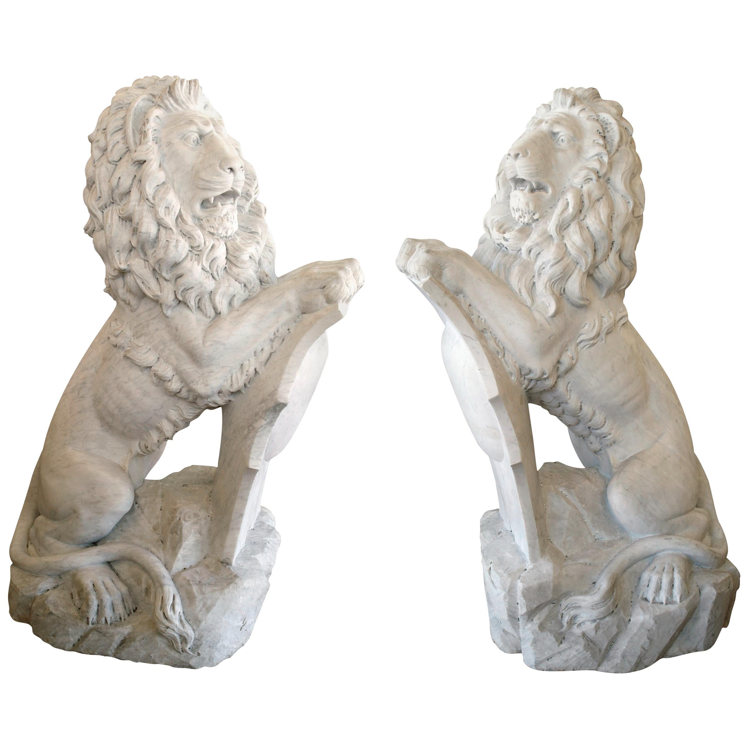 Pair of Lifesize antique marble lions after Joseph Gott