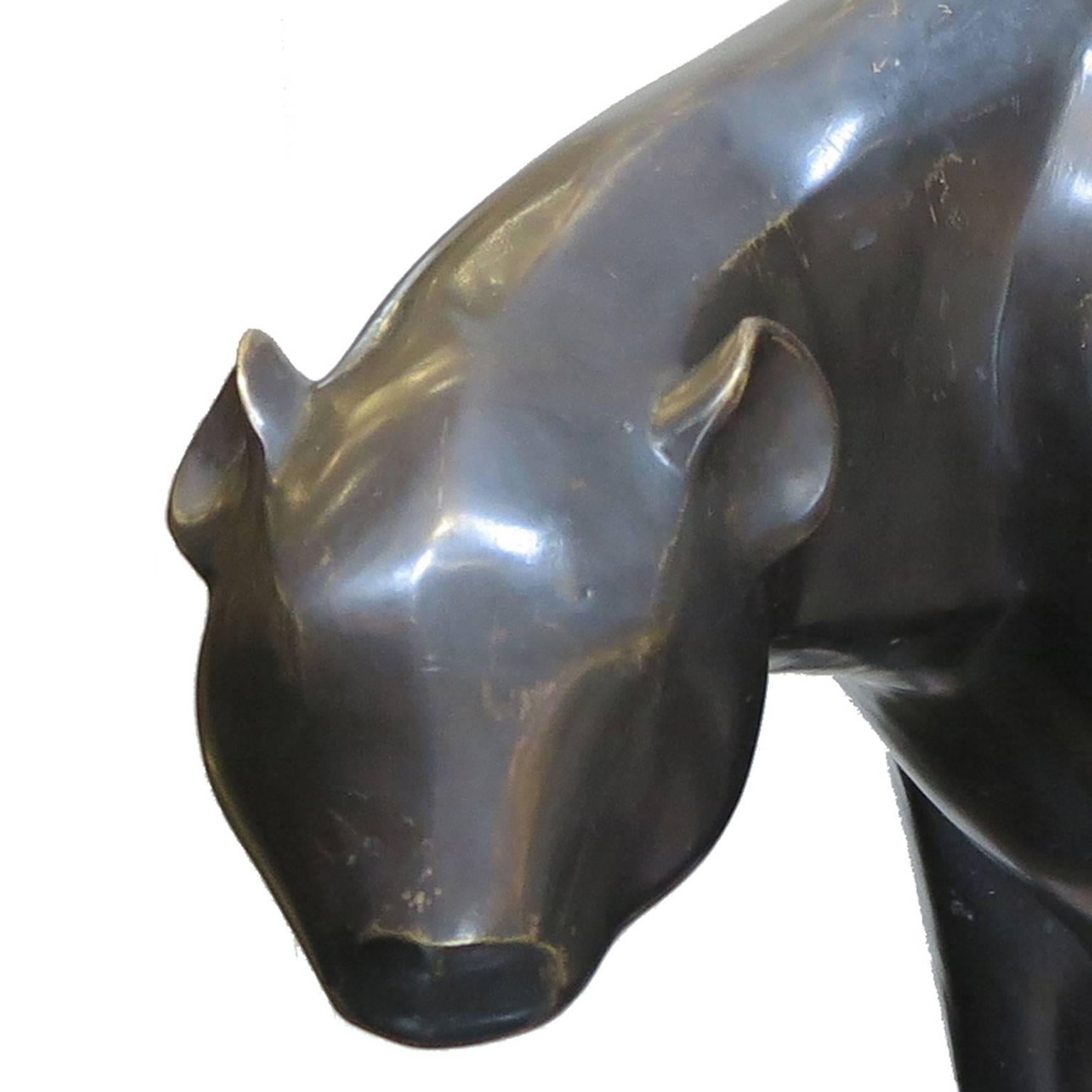 Patinated Pair of Lifesize Bronze Leopards, French Midcentury