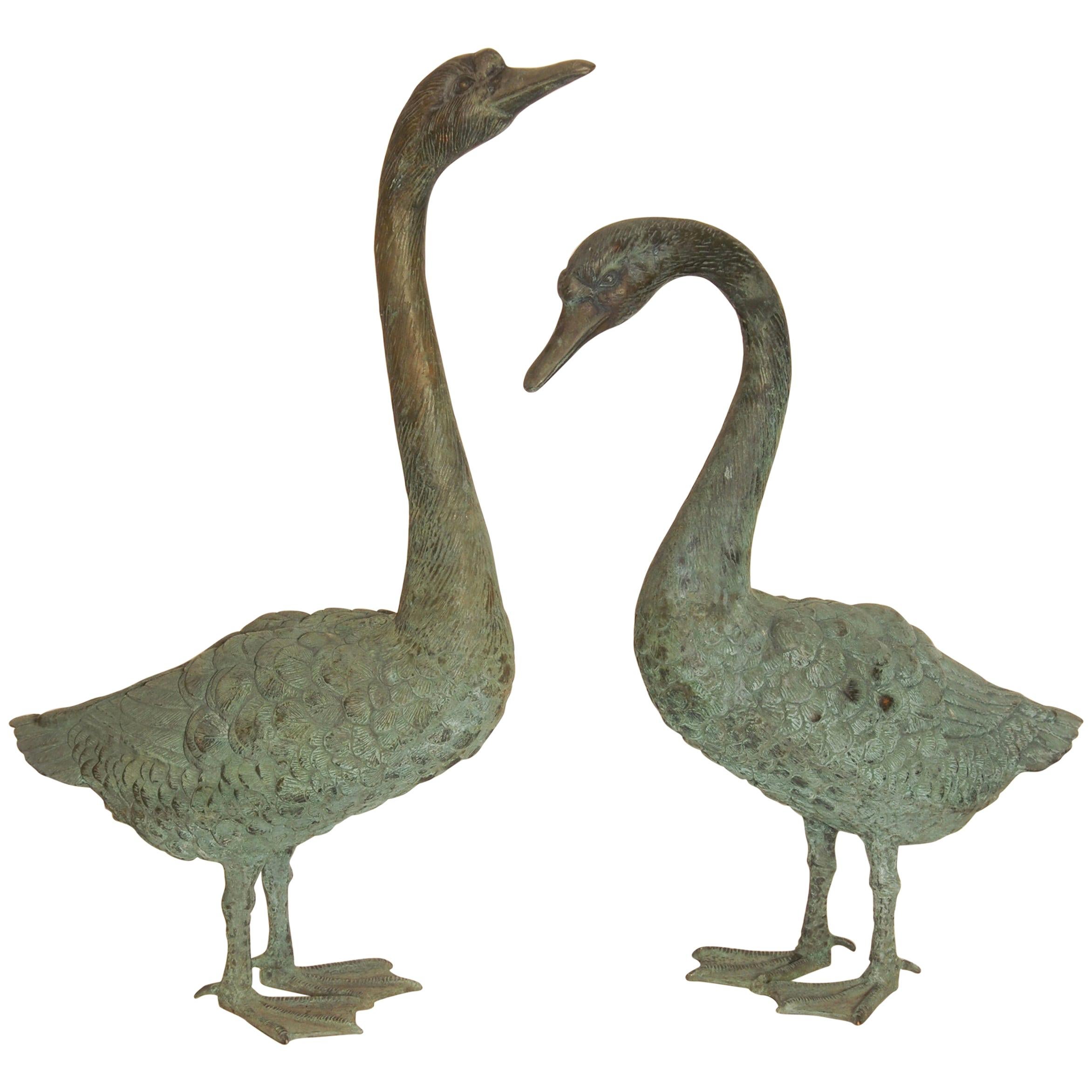 Pair of Lifesize Bronze Statues of Geese For Sale