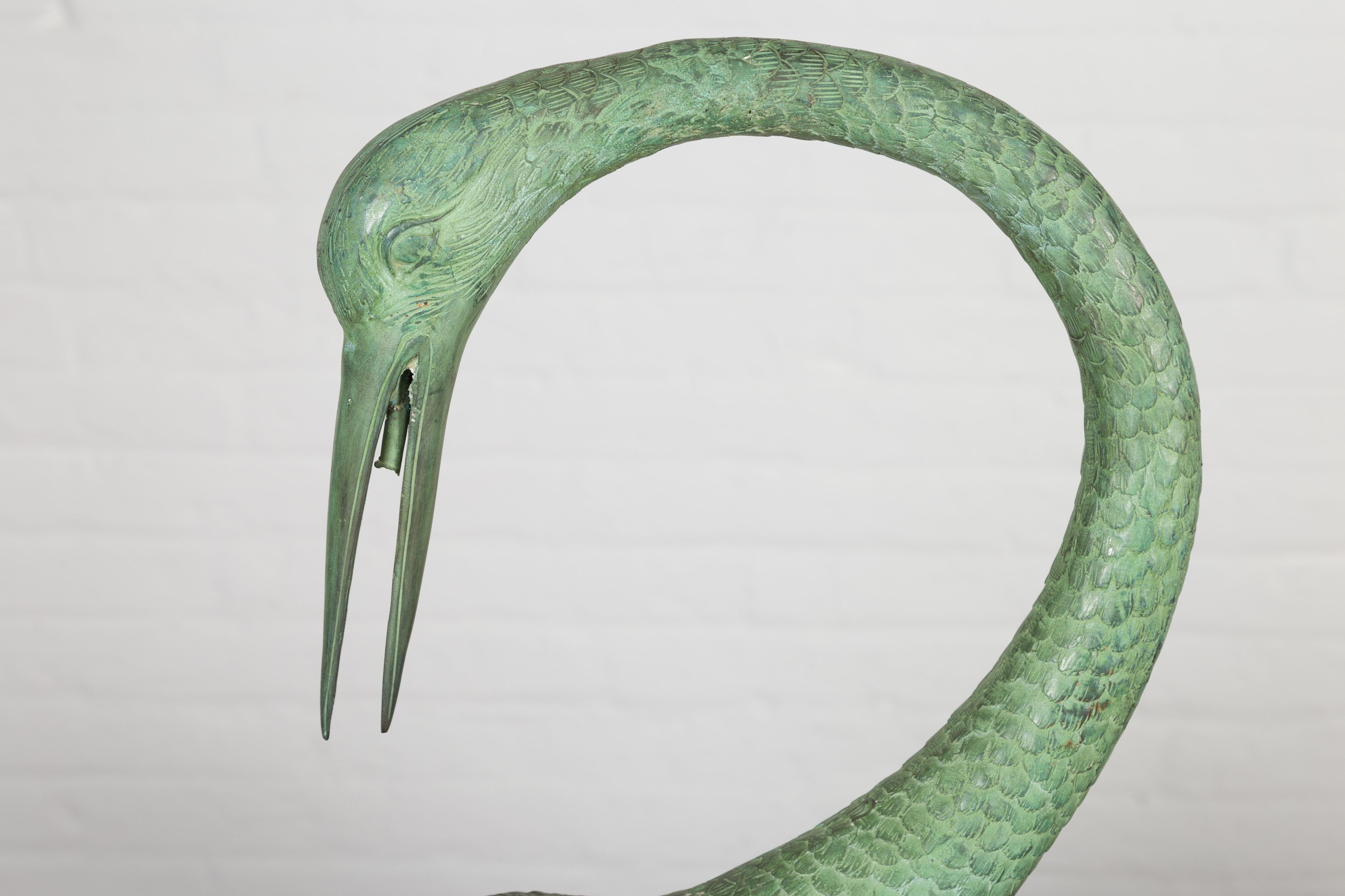 Pair of Lifesize Lost Wax Cast Bronze Crane Sculptures with Verdigris Patina For Sale 7