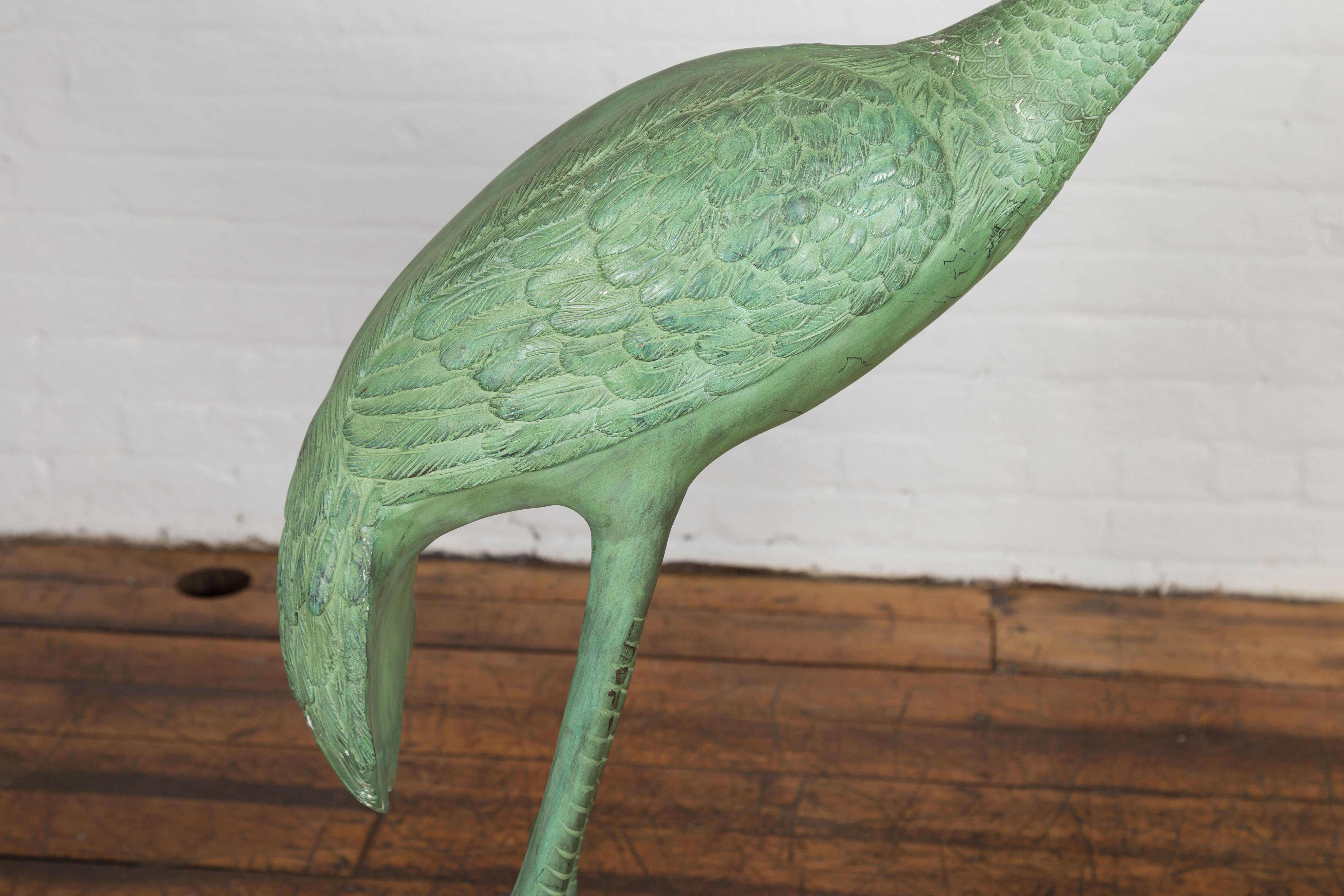 Pair of Lifesize Lost Wax Cast Bronze Crane Sculptures with Verdigris Patina For Sale 9
