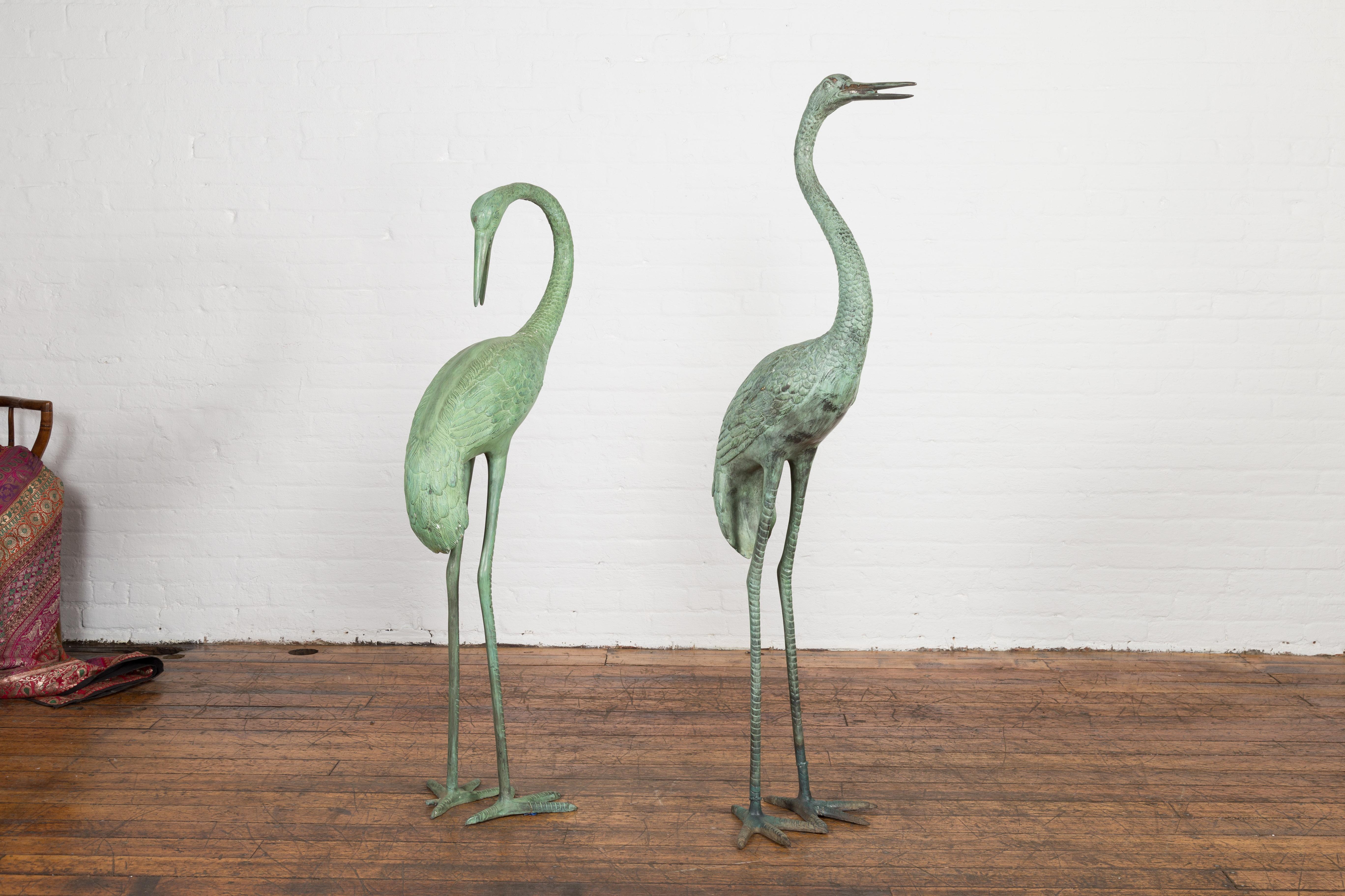 Pair of Lifesize Lost Wax Cast Bronze Crane Sculptures with Verdigris Patina For Sale 10