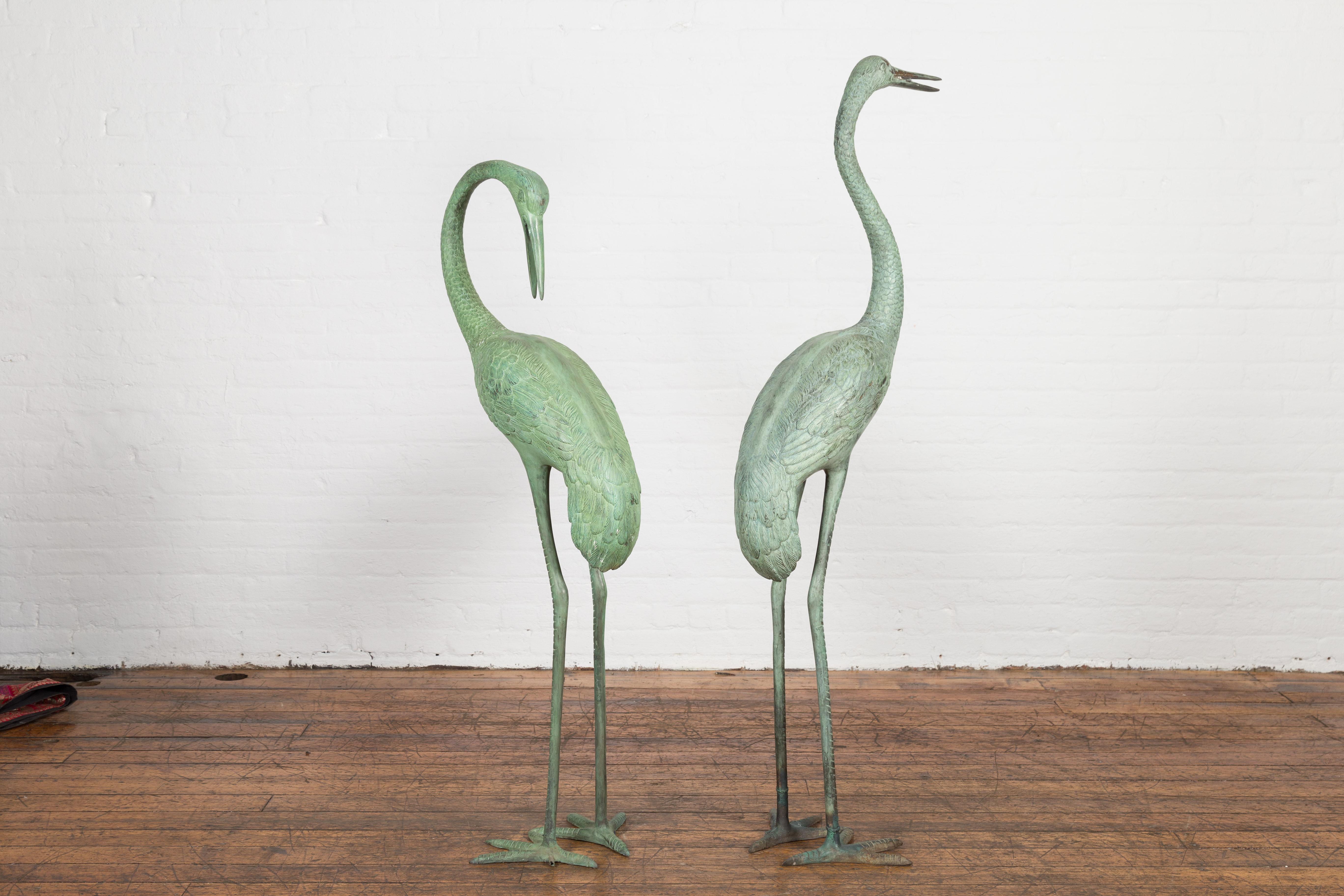 Pair of Lifesize Lost Wax Cast Bronze Crane Sculptures with Verdigris Patina For Sale 11