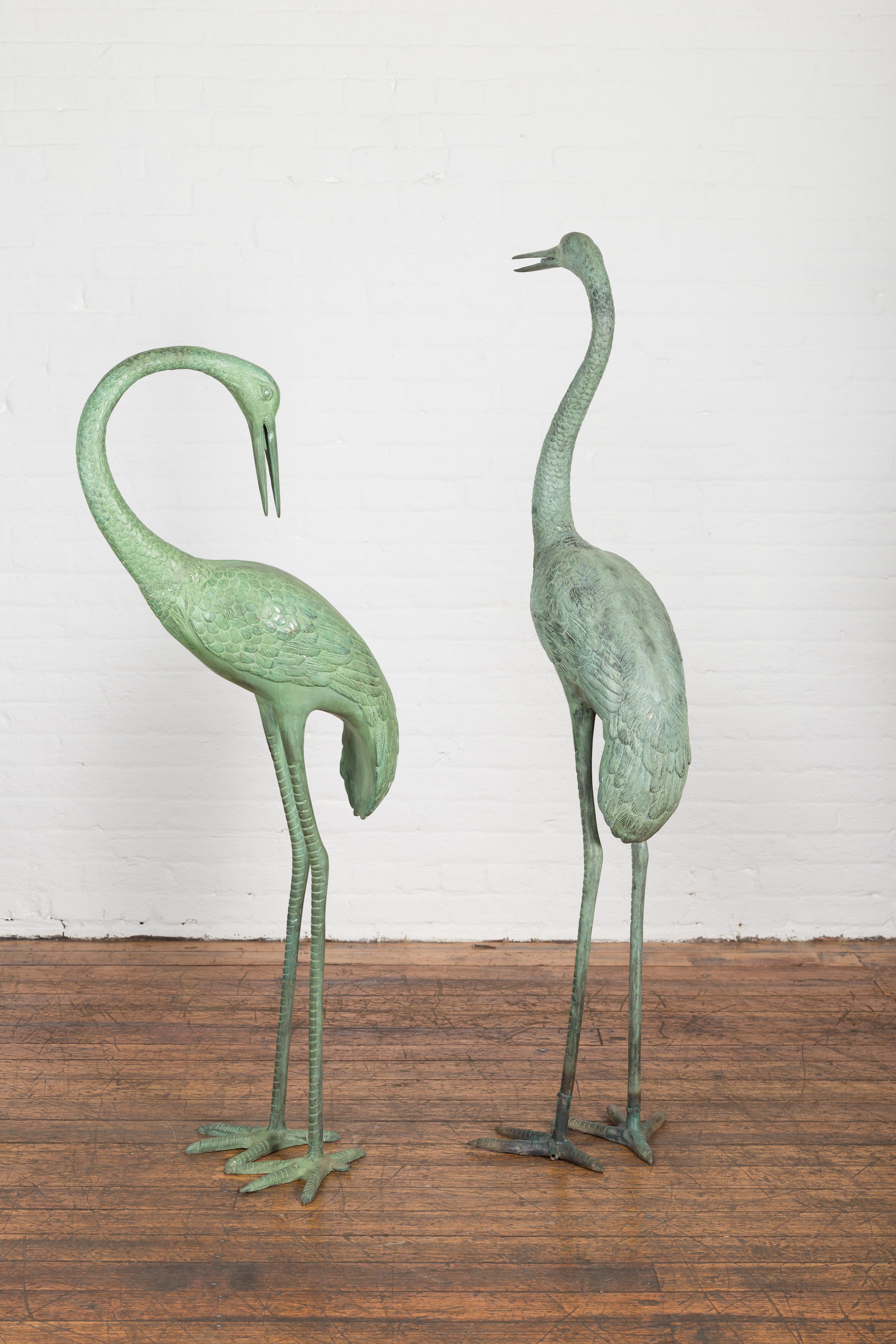 Pair of Lifesize Lost Wax Cast Bronze Crane Sculptures with Verdigris Patina For Sale 12