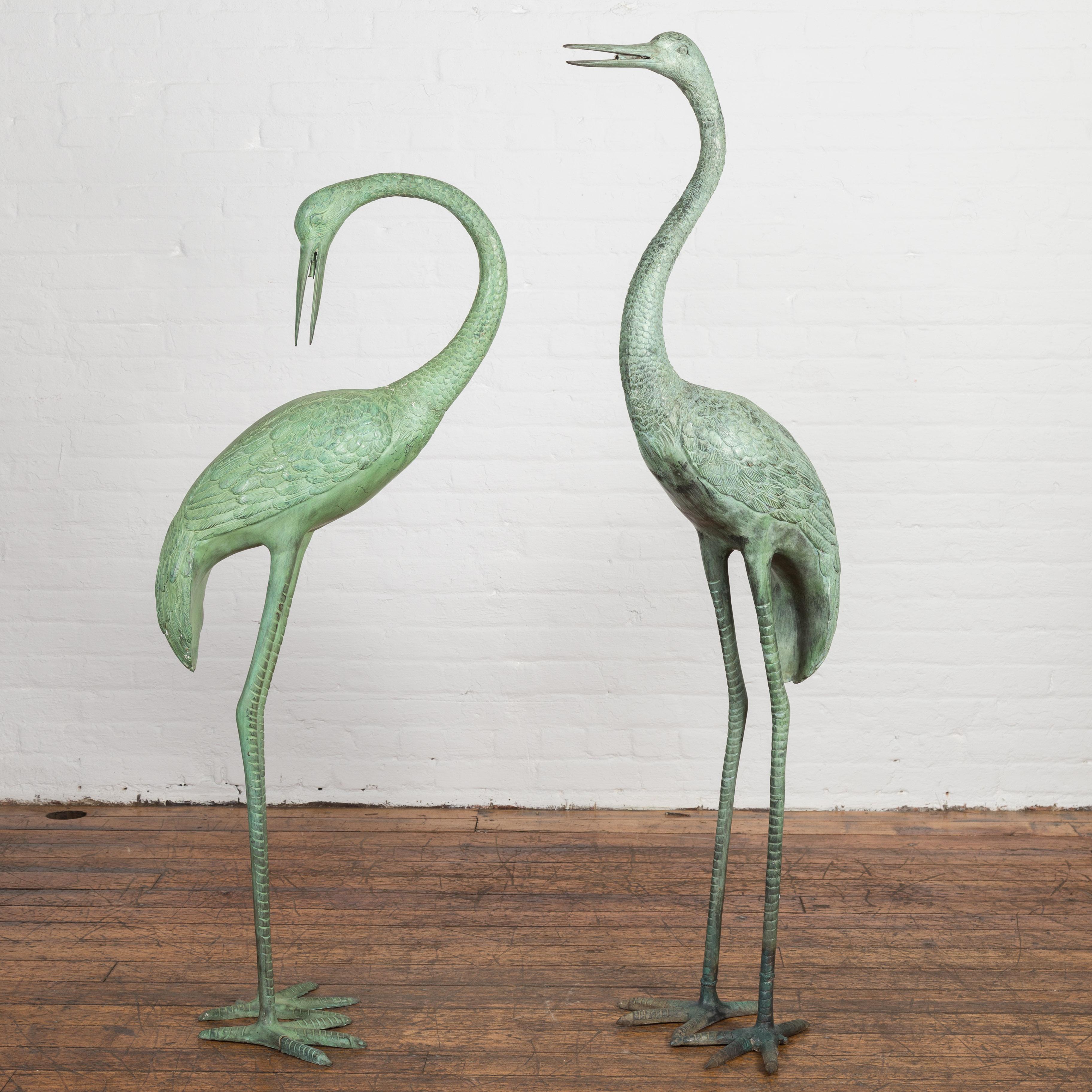 Pair of Lifesize Lost Wax Cast Bronze Crane Sculptures with Verdigris Patina For Sale 1