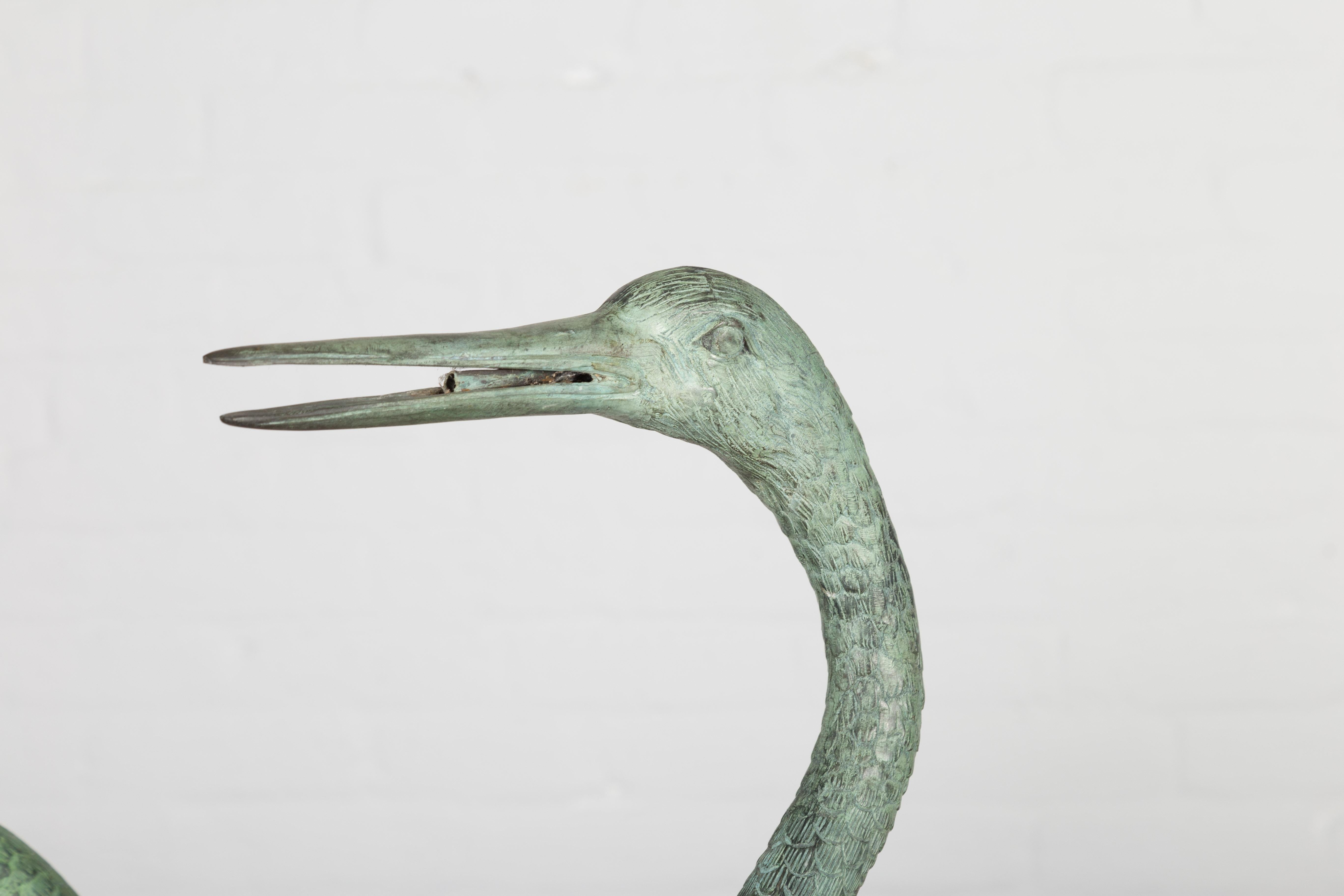 Pair of Lifesize Lost Wax Cast Bronze Crane Sculptures with Verdigris Patina For Sale 3