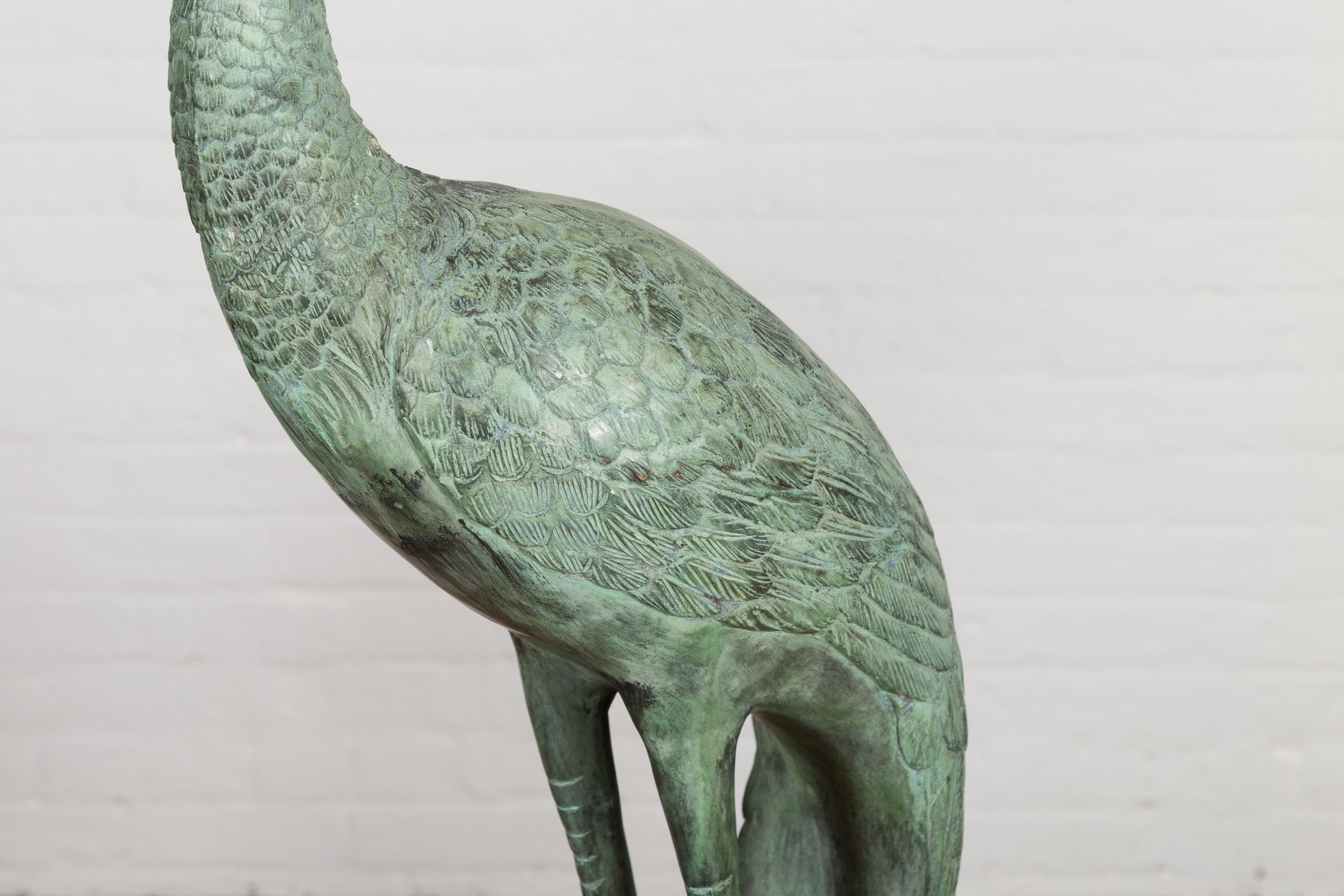Pair of Lifesize Lost Wax Cast Bronze Crane Sculptures with Verdigris Patina For Sale 4