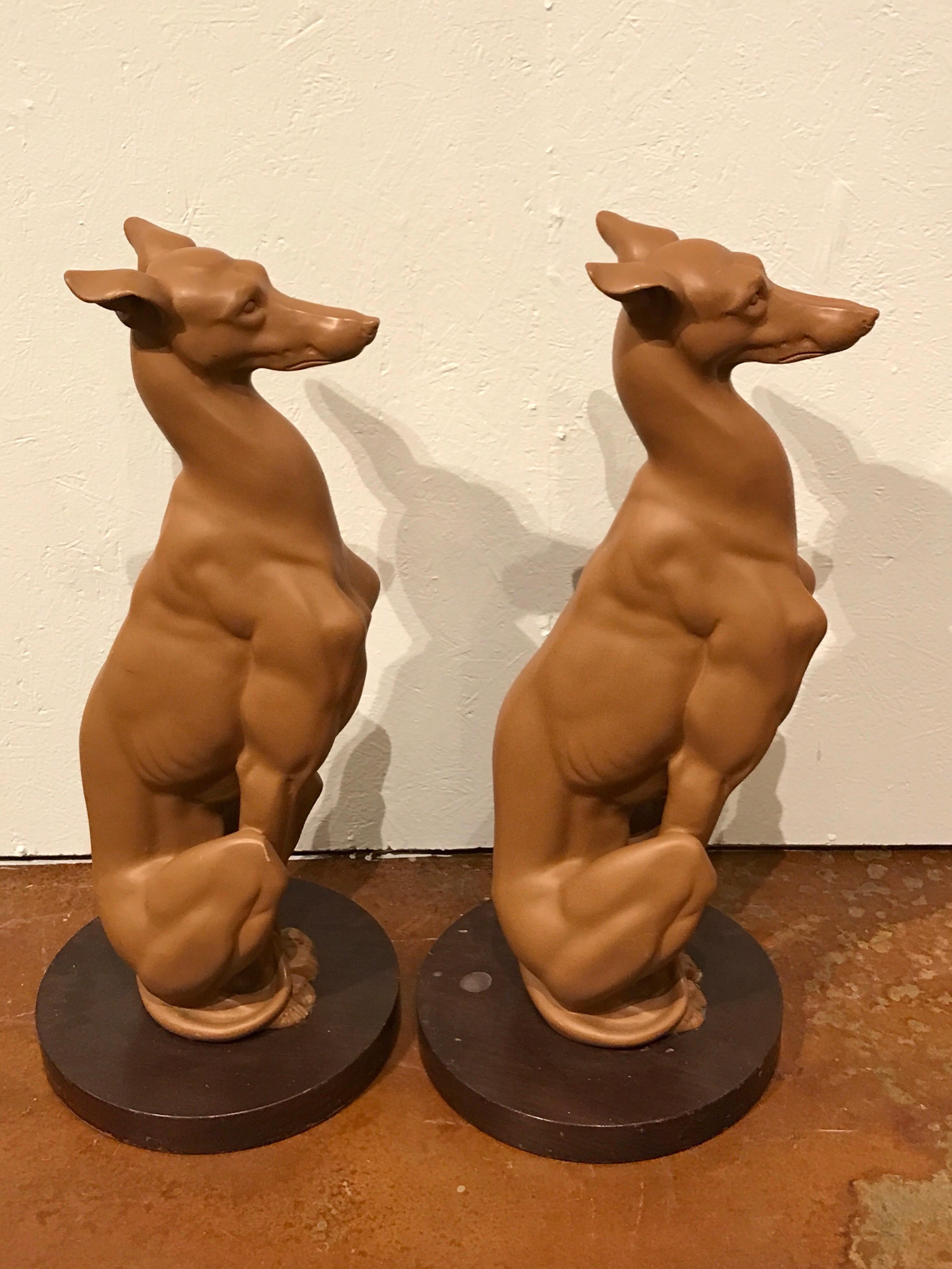 Pair of lifesize whippets, each one of seated form, realistically modeled, raised on a 14