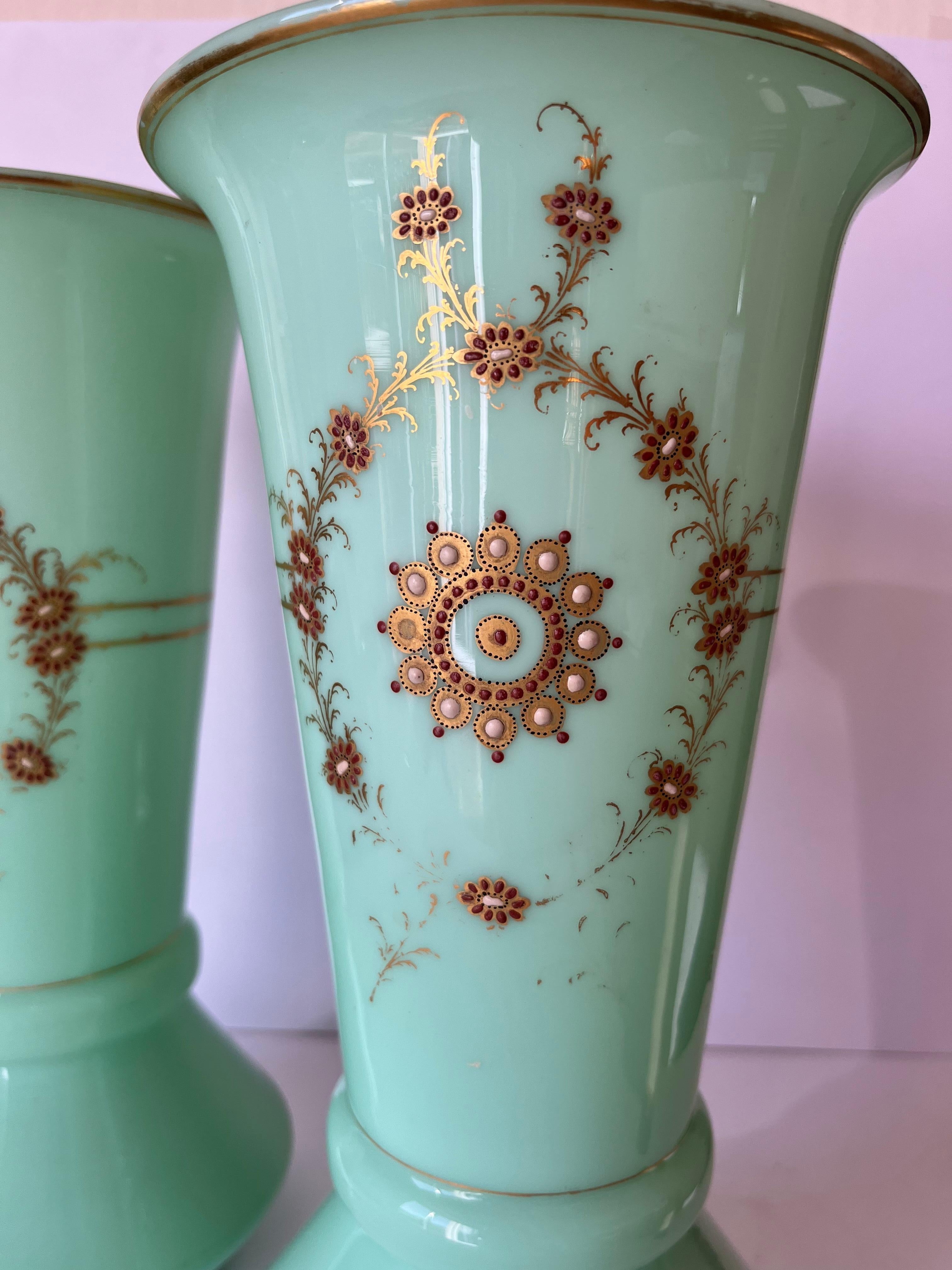 French Pair of Ligh Green Opaline Glass Charlesx 1870 Vases Gold and Dark Red Motifs For Sale