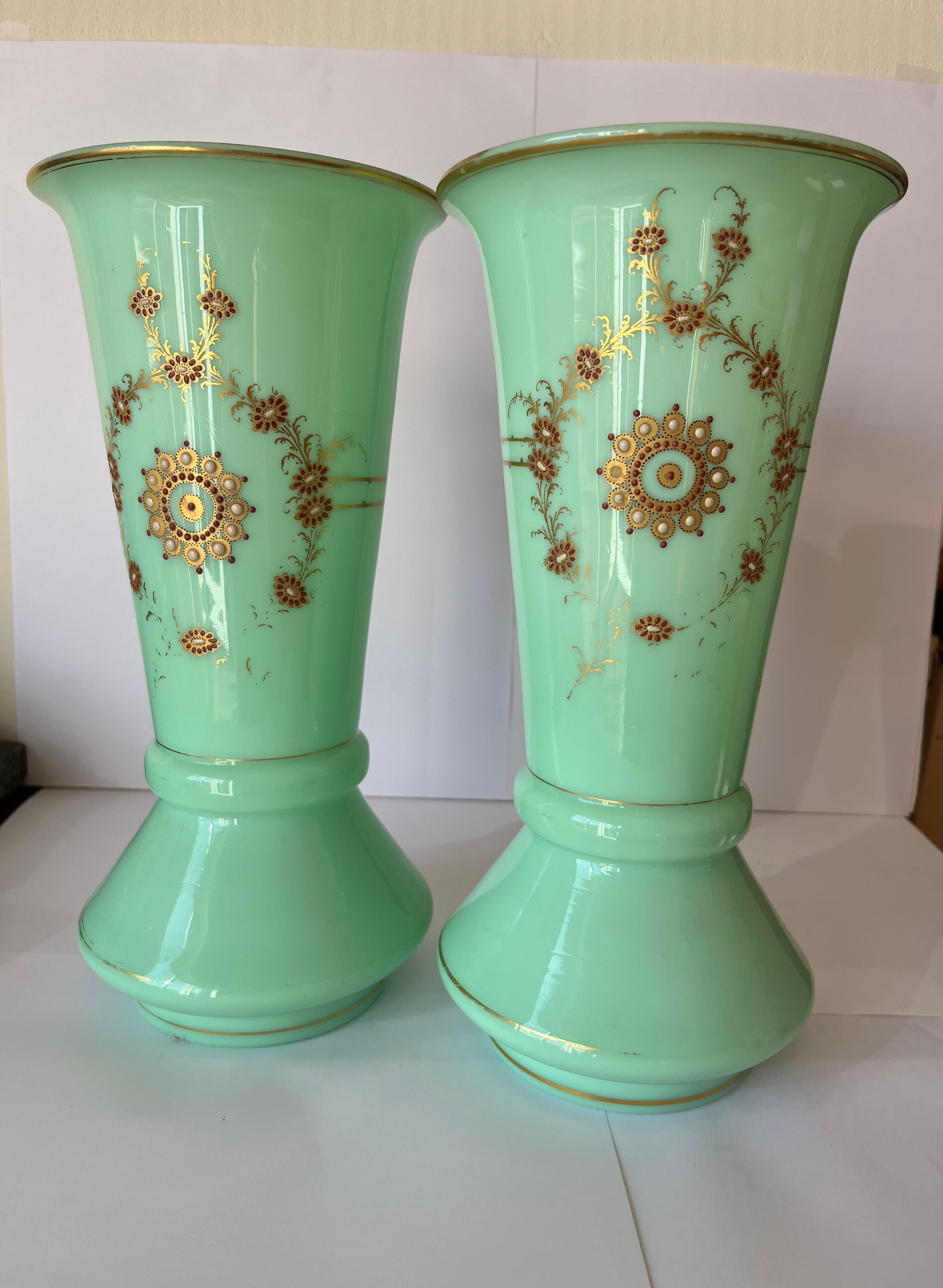 Pair of Ligh Green Opaline Glass Charlesx 1870 Vases Gold and Dark Red Motifs In Good Condition For Sale In Miami, FL