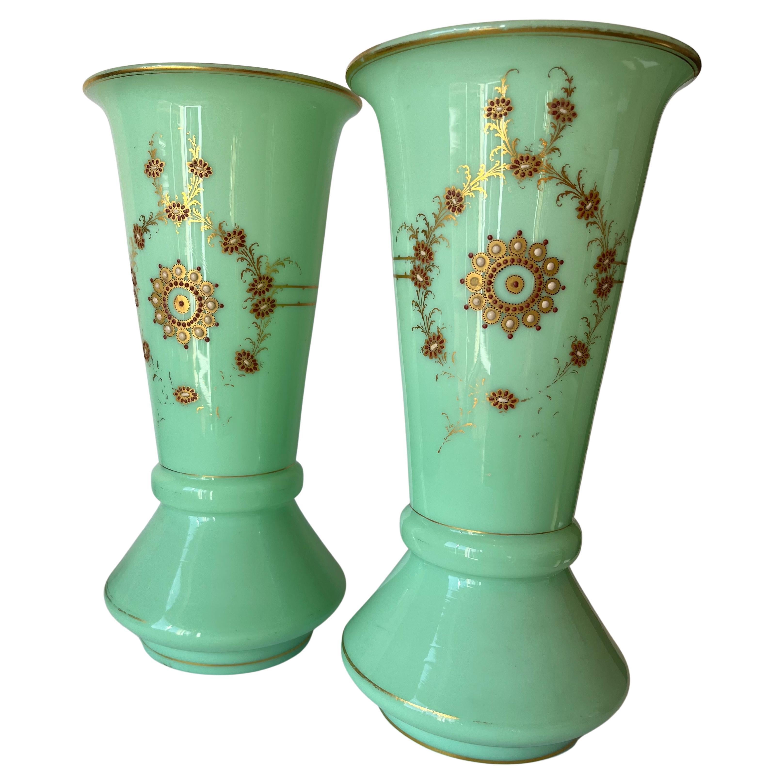 Pair of Ligh Green Opaline Glass Charlesx 1870 Vases Gold and Dark Red Motifs For Sale
