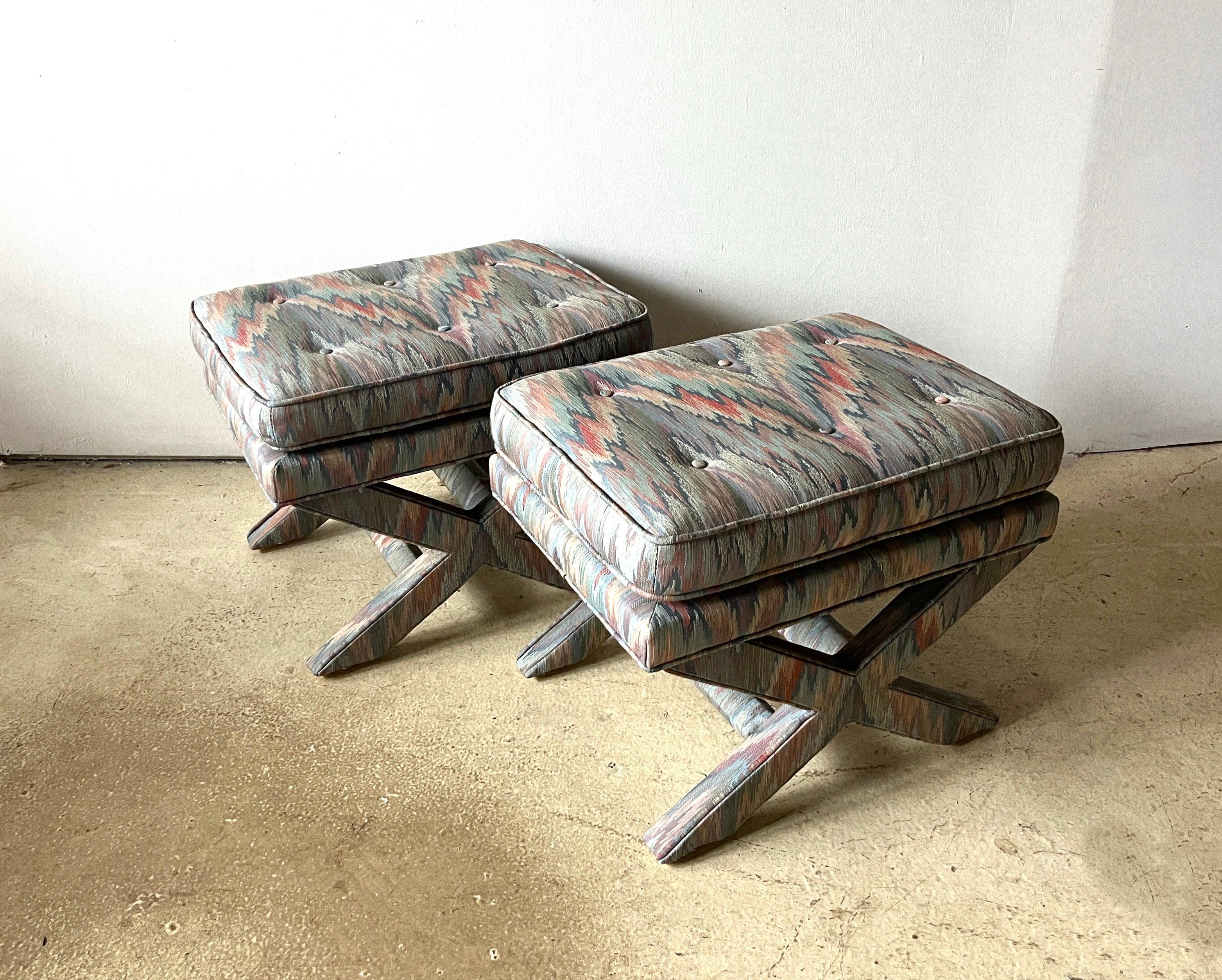 Pair of Light Blue Flame Stitch X-Base Billy Baldwin Mid Century Modern Benches  For Sale 2