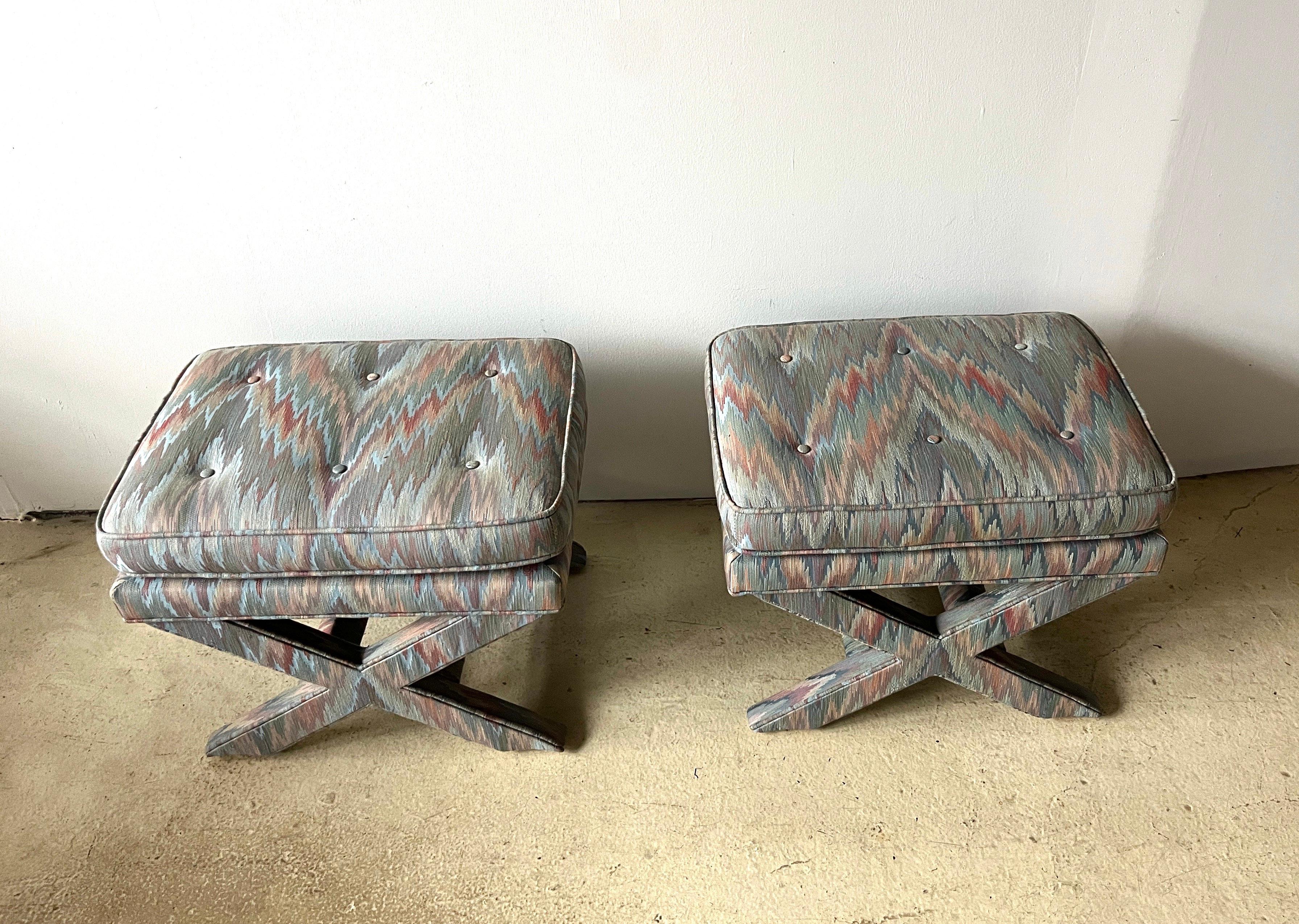 Hollywood Regency Pair of Light Blue Flame Stitch X-Base Billy Baldwin Mid Century Modern Benches  For Sale