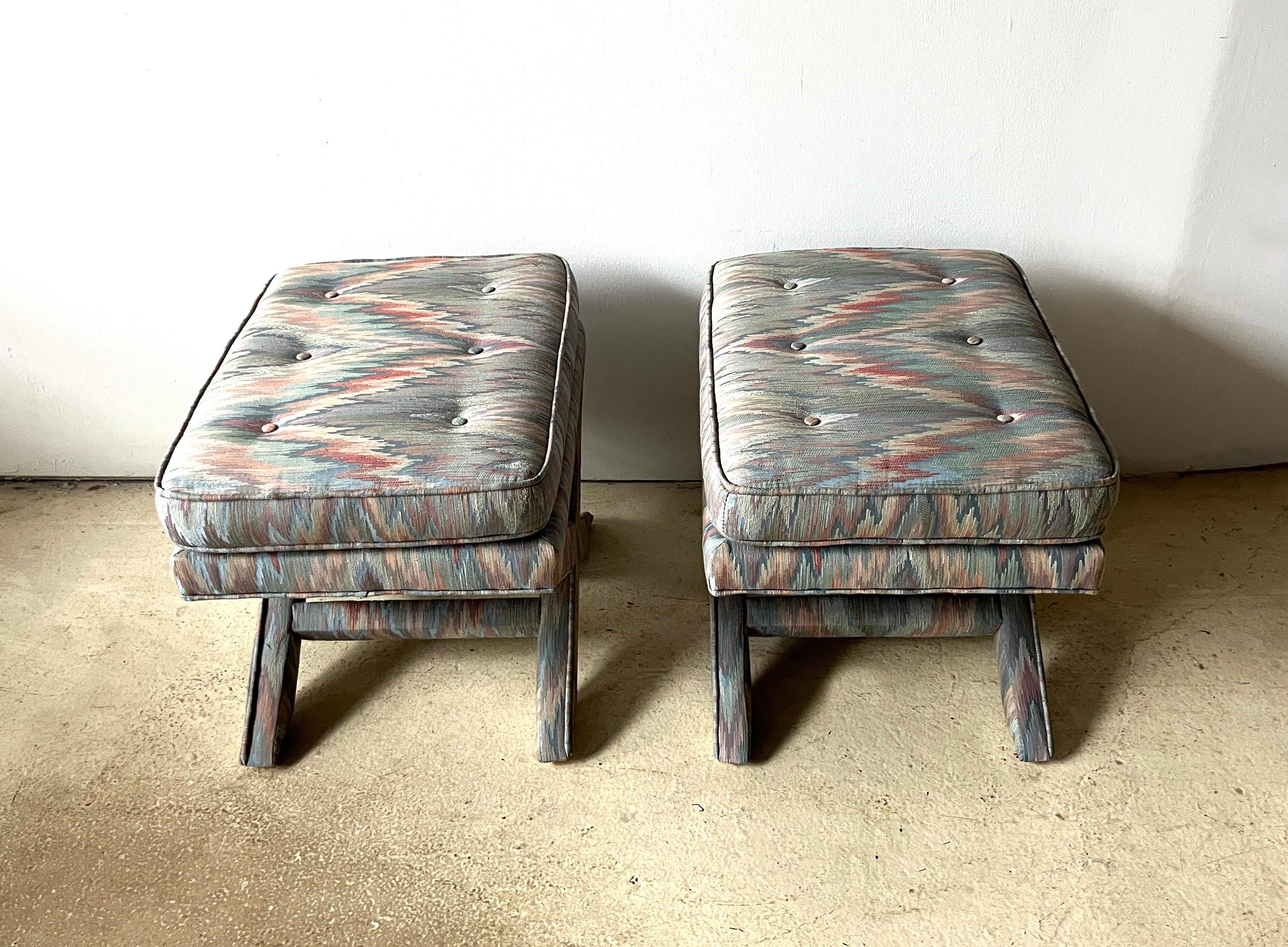 Hollywood Regency Pair of Light Blue Flame Stitch X-Base Billy Baldwin Mid Century Modern Benches  For Sale