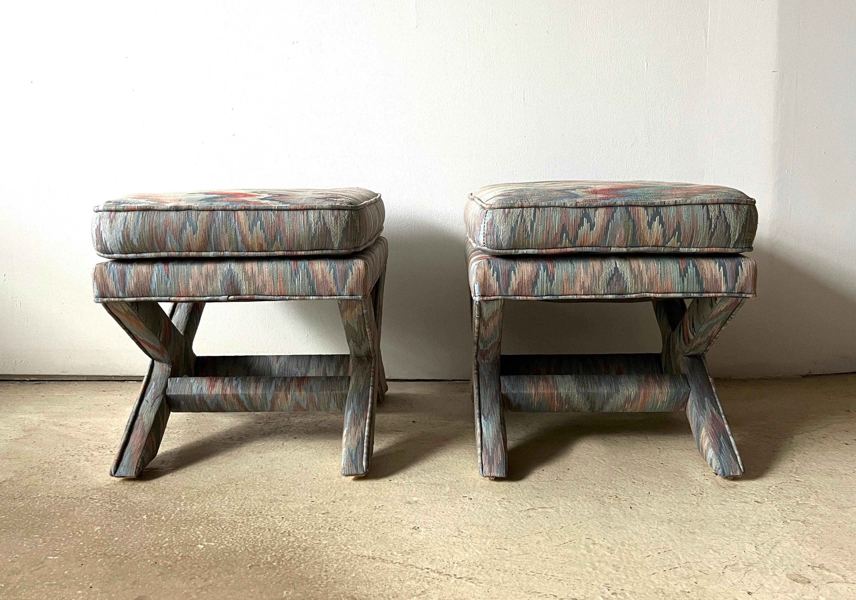 Hand-Crafted Pair of Light Blue Flame Stitch X-Base Billy Baldwin Mid Century Modern Benches  For Sale