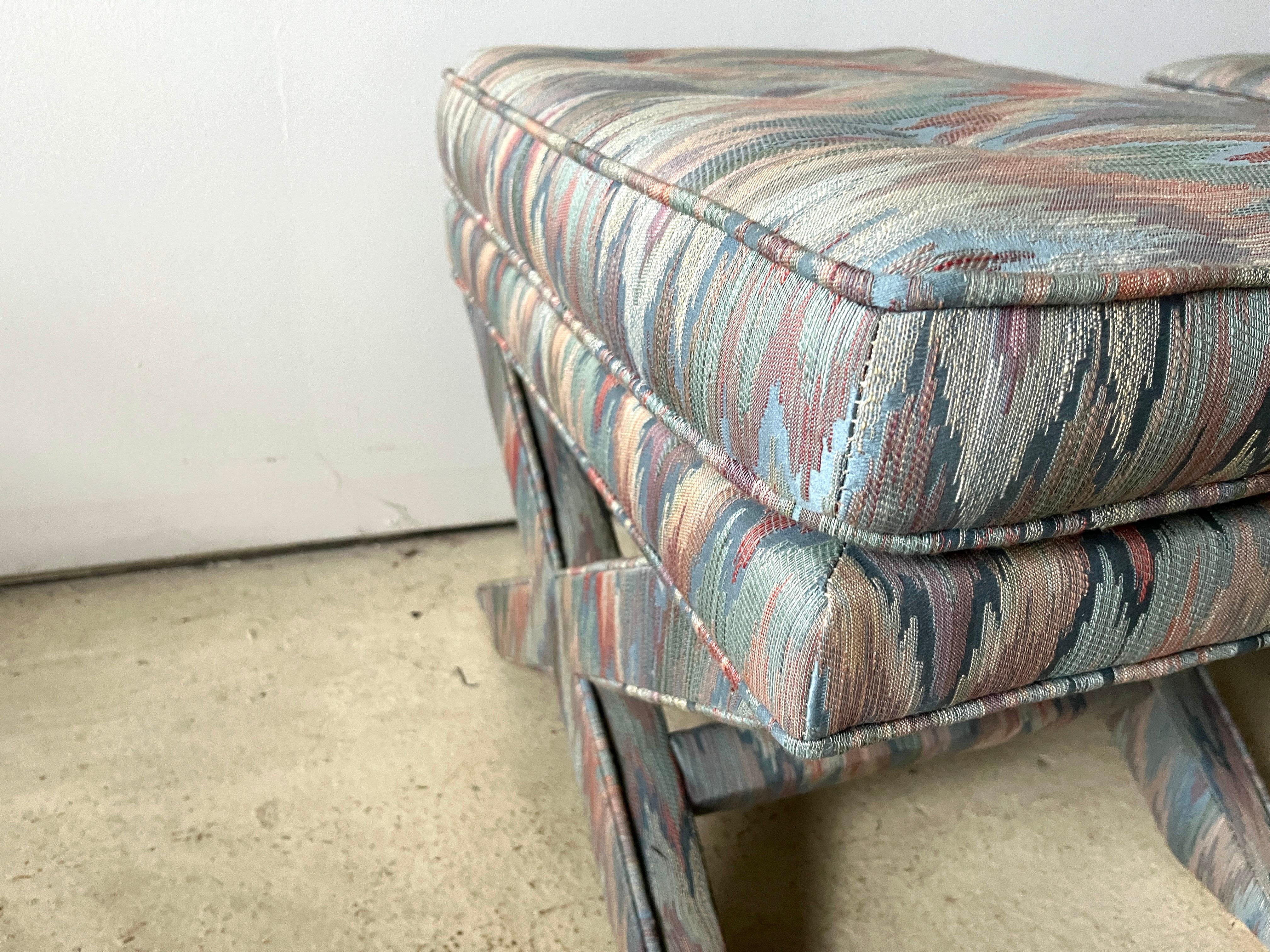 Cotton Pair of Light Blue Flame Stitch X-Base Billy Baldwin Mid Century Modern Benches  For Sale