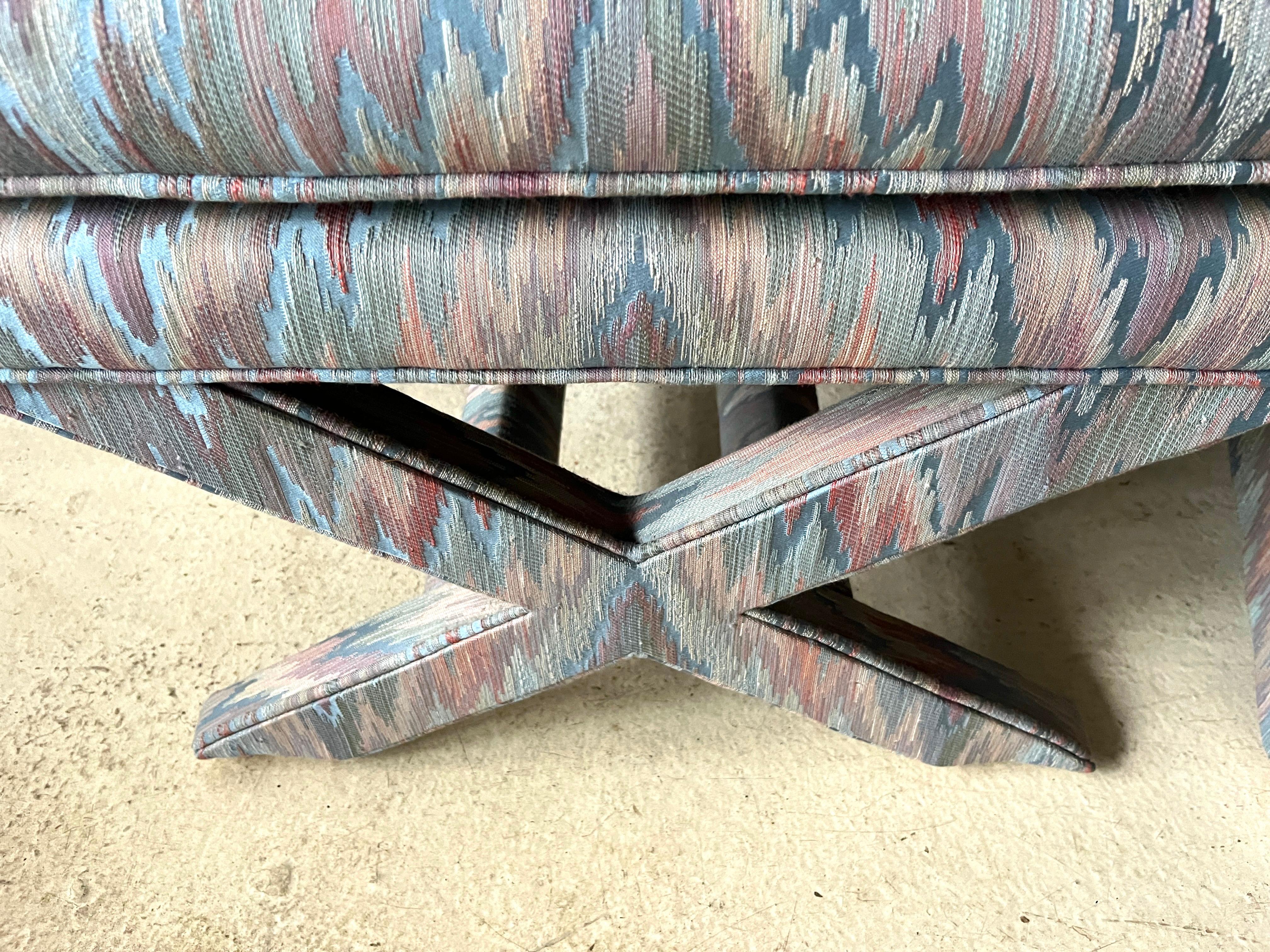 Pair of Light Blue Flame Stitch X-Base Billy Baldwin Mid Century Modern Benches  For Sale 1