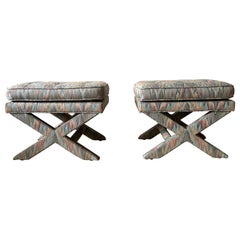 Pair of Light Blue Flame Stitch X-Base Billy Baldwin Mid Century Modern Benches