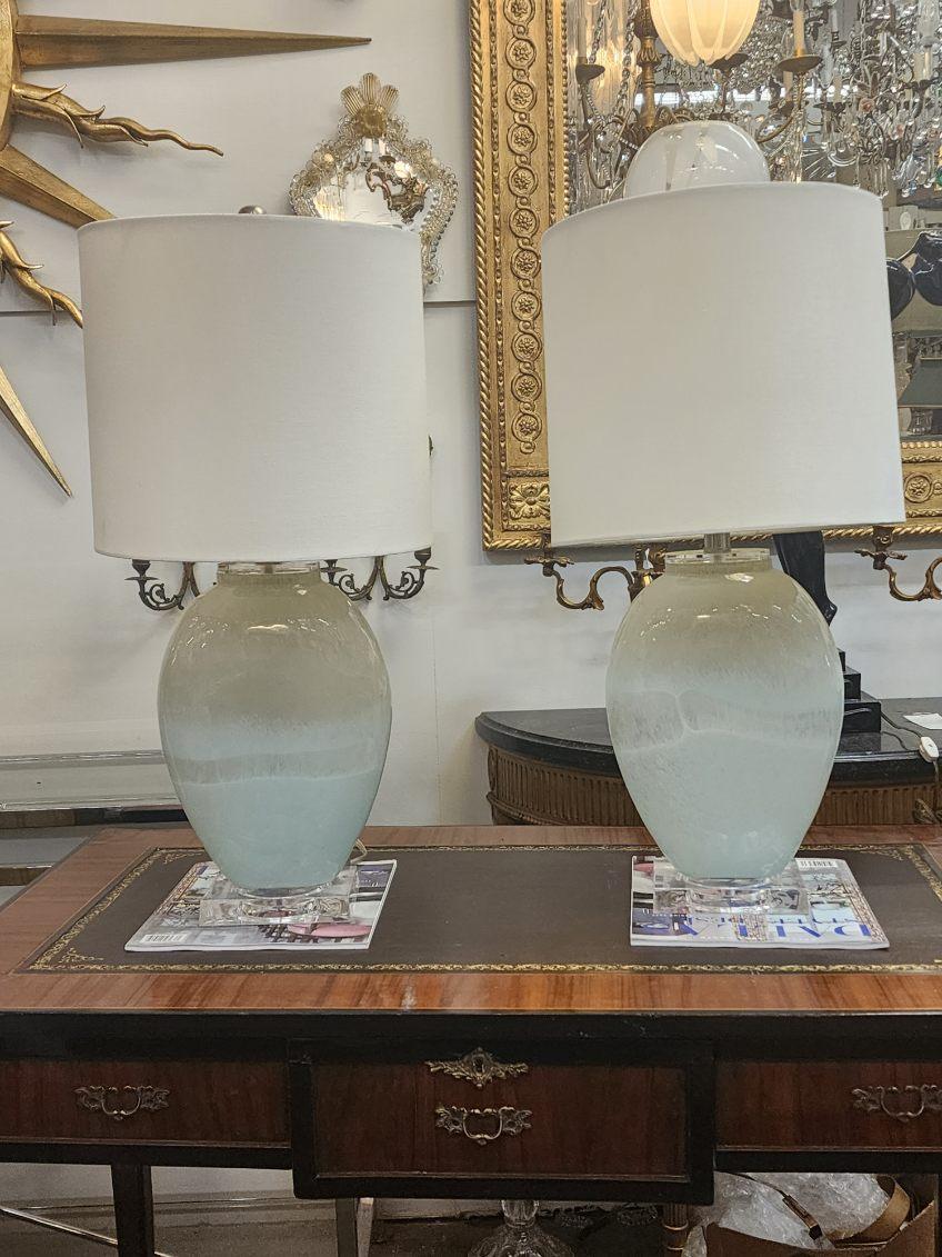 Pair Of Light Blue Frosted Glass Table Lamps  In Excellent Condition In Dallas, TX