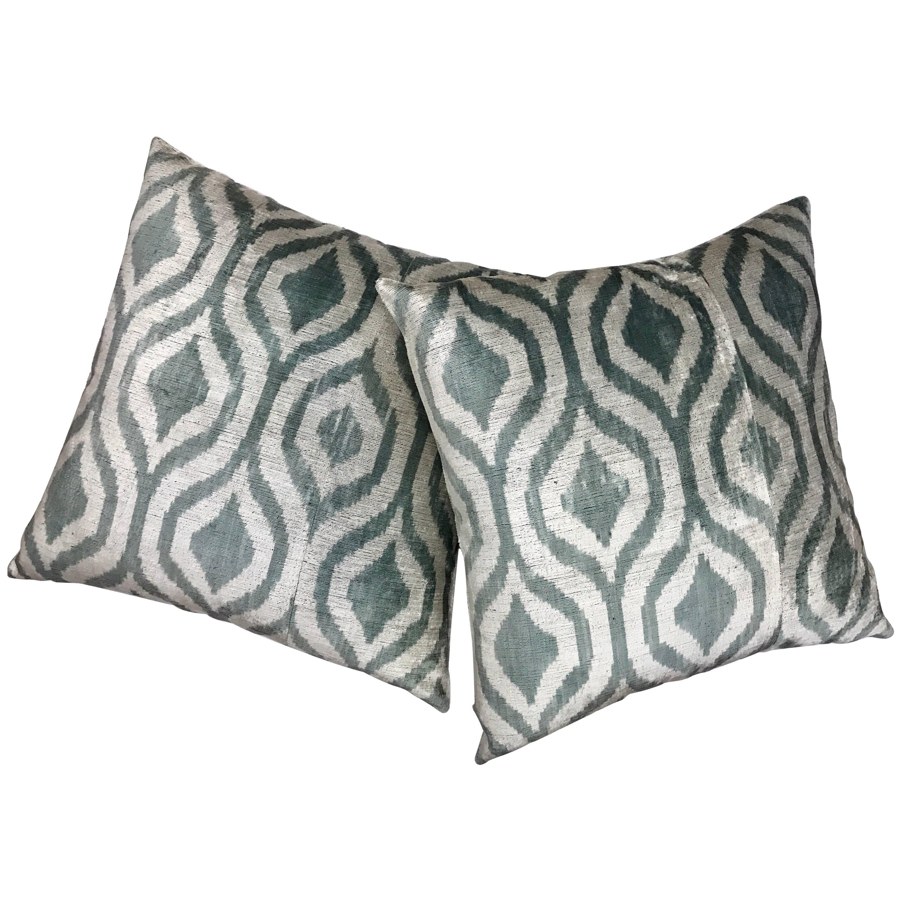 Pair of Light Blue Green Silk Ikat Pillows For Sale
