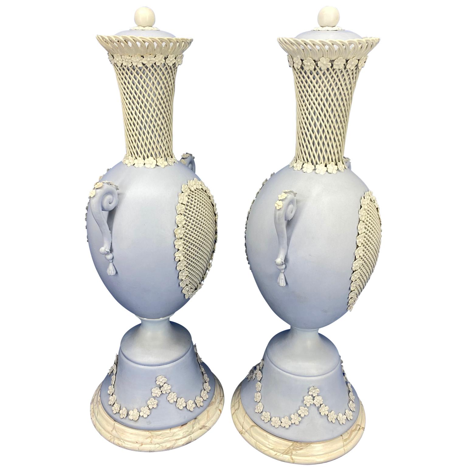 Pair Of Light Blue Jasper Wedgwood Urns and Covers, England, Late 19th Century 3