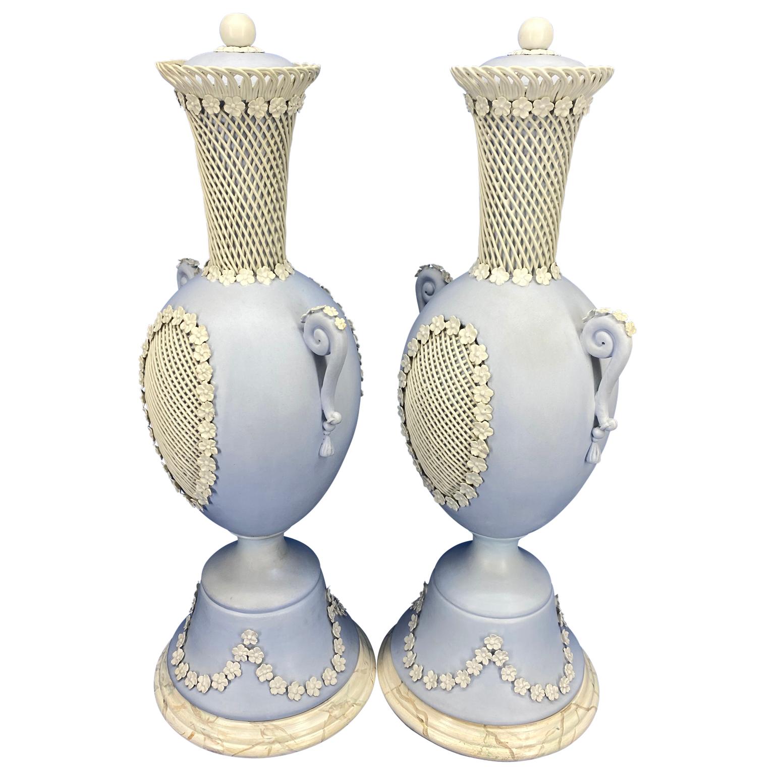 Pair Of Light Blue Jasper Wedgwood Urns and Covers, England, Late 19th Century 4