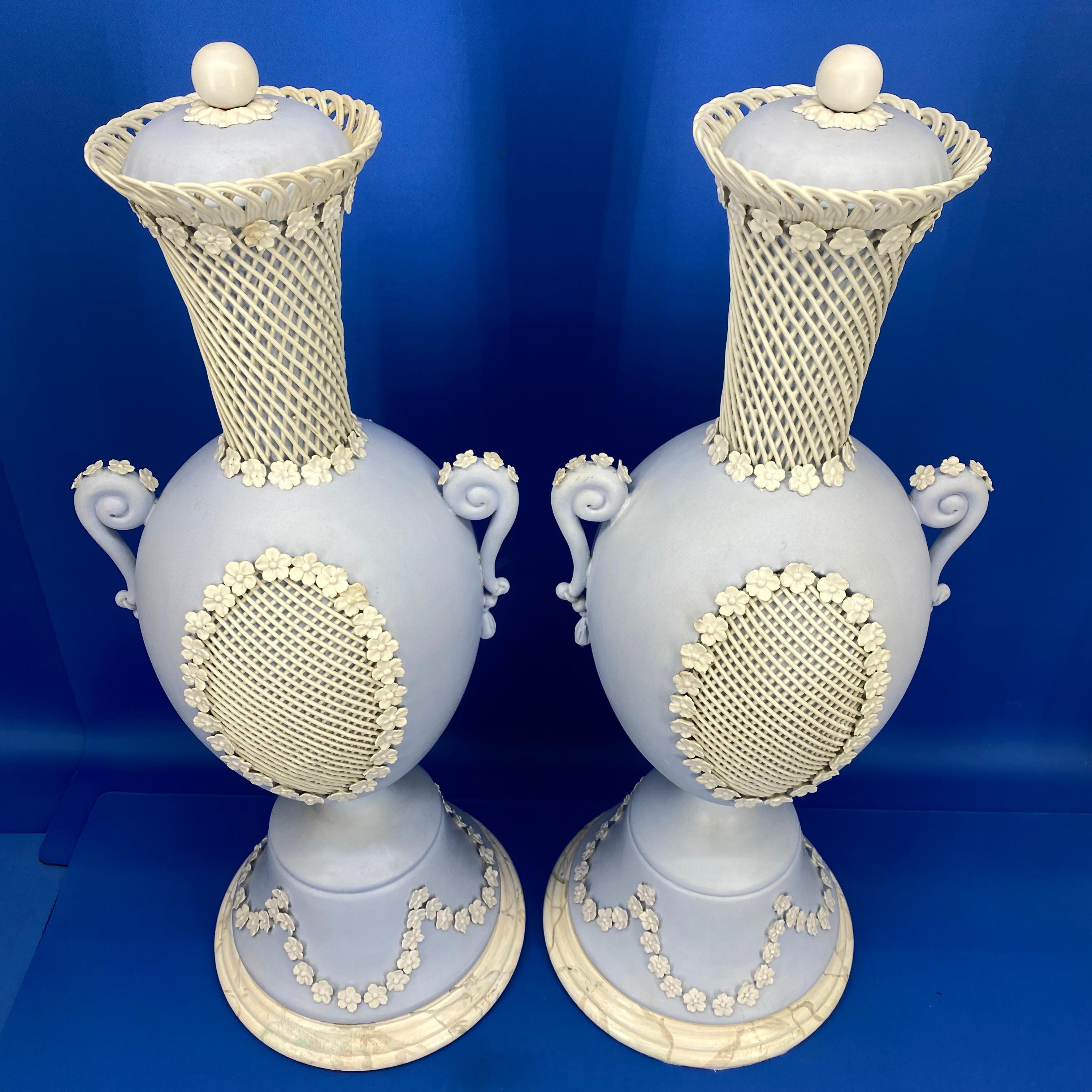Pair Of Light Blue Jasper Wedgwood Urns and Covers, England, Late 19th Century 9