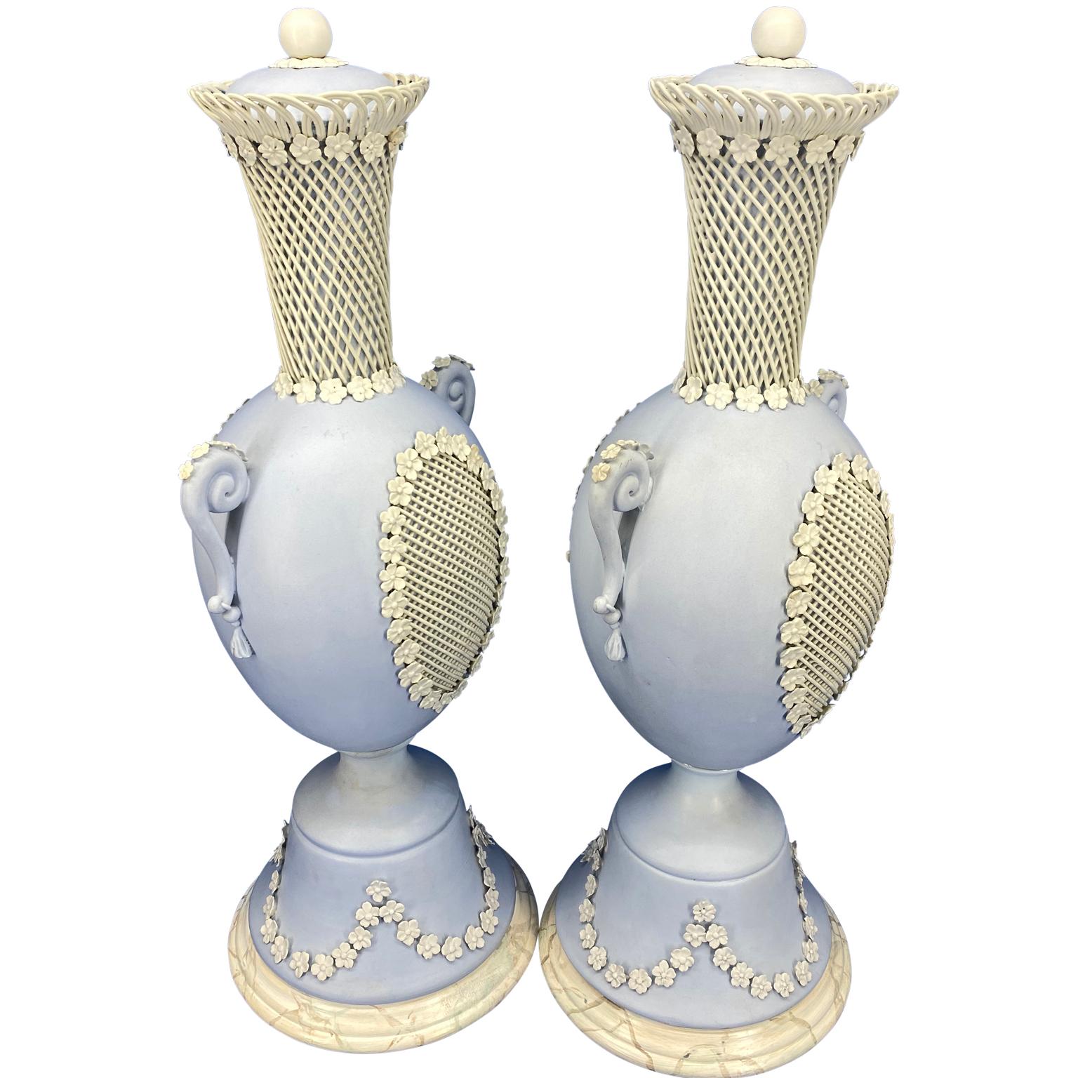 Neoclassical Pair Of Light Blue Jasper Wedgwood Urns and Covers, England, Late 19th Century