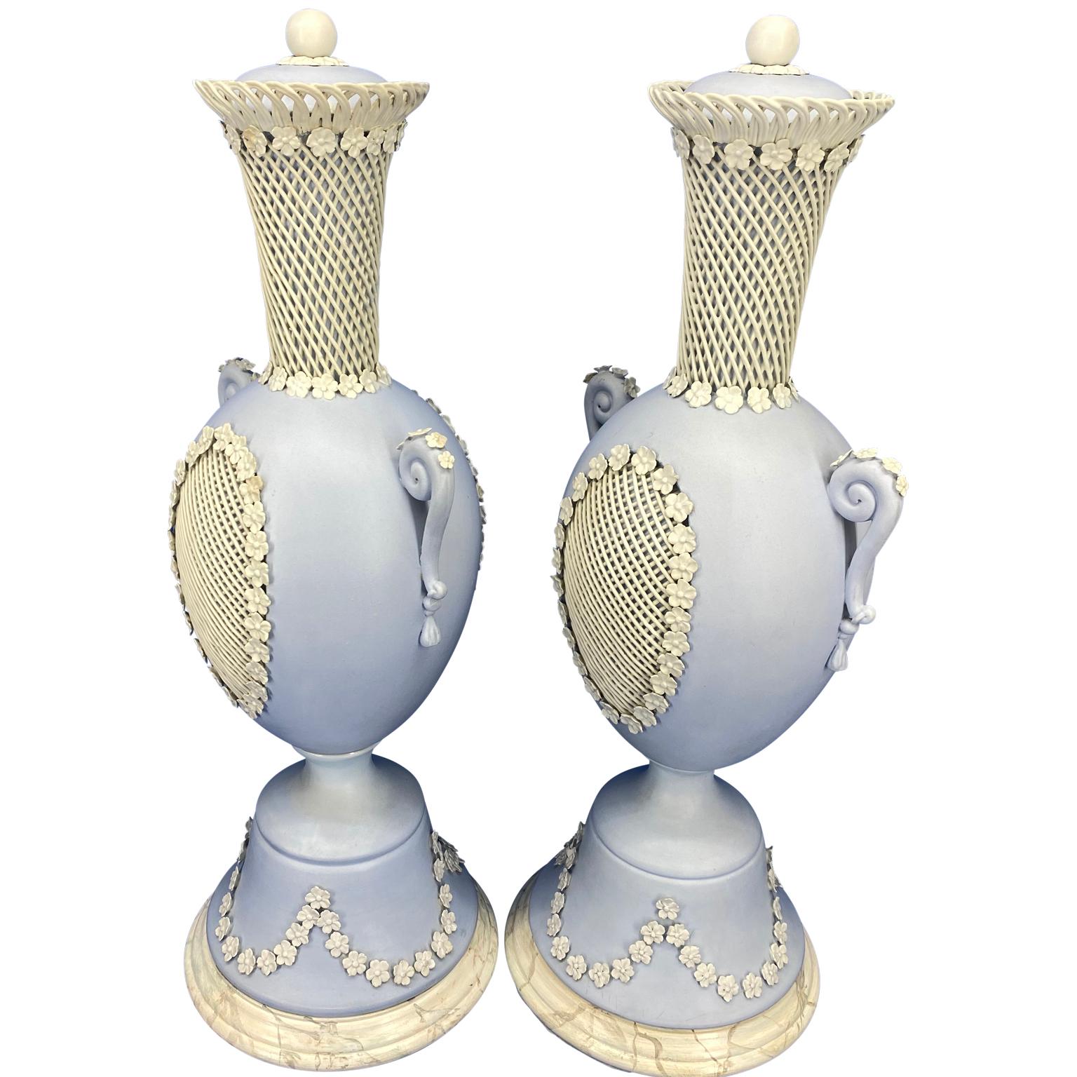 English Pair Of Light Blue Jasper Wedgwood Urns and Covers, England, Late 19th Century