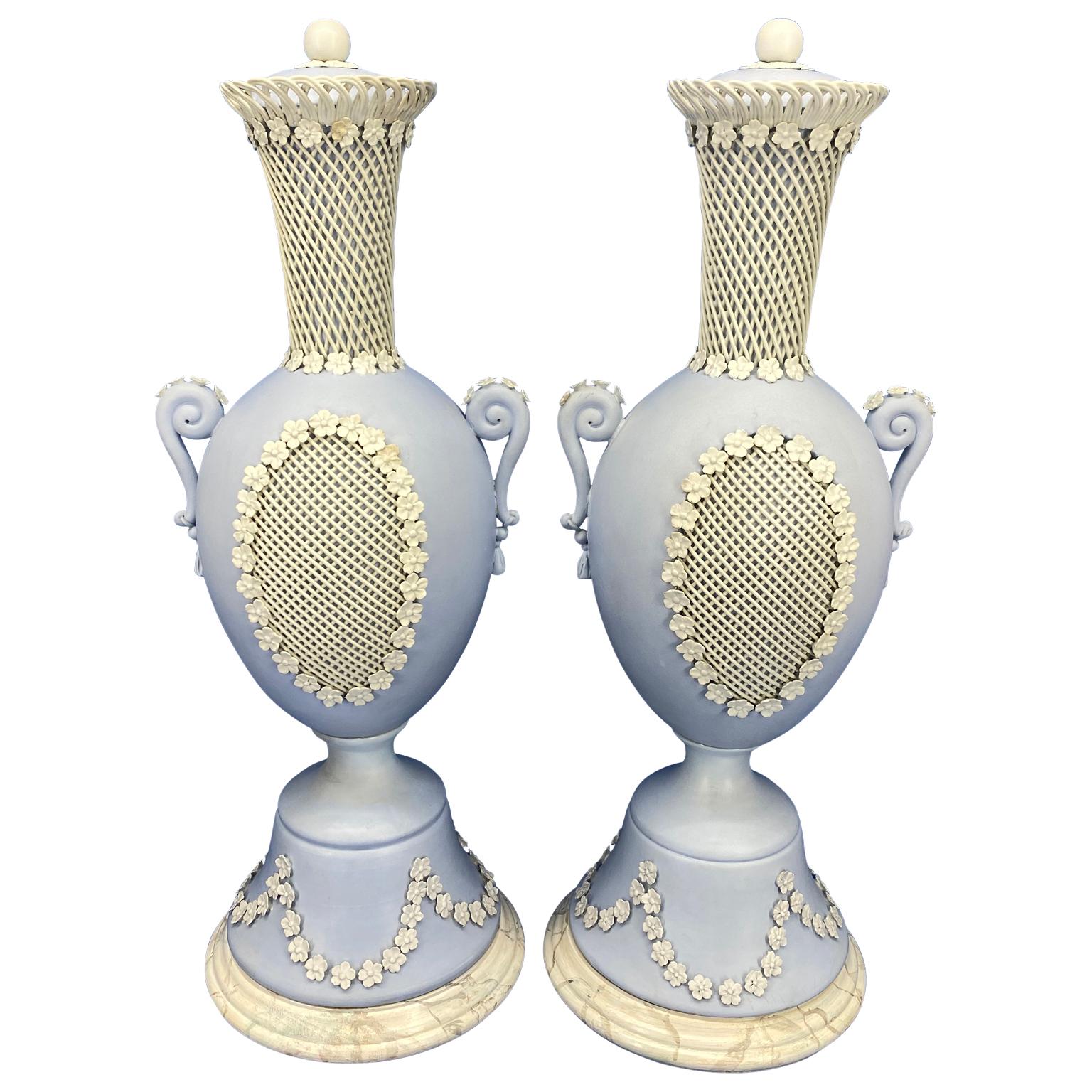 Pair Of Light Blue Jasper Wedgwood Urns and Covers, England, Late 19th Century In Good Condition In Haddonfield, NJ