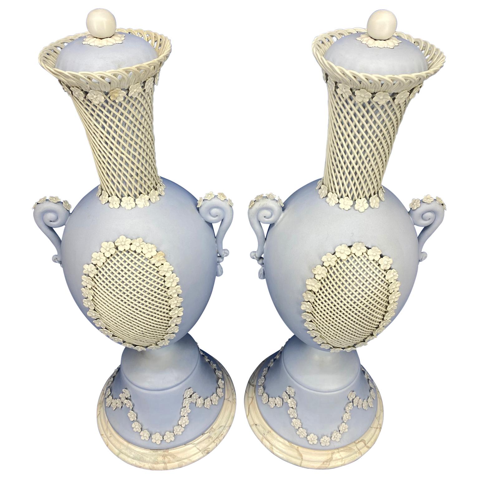 Ceramic Pair Of Light Blue Jasper Wedgwood Urns and Covers, England, Late 19th Century
