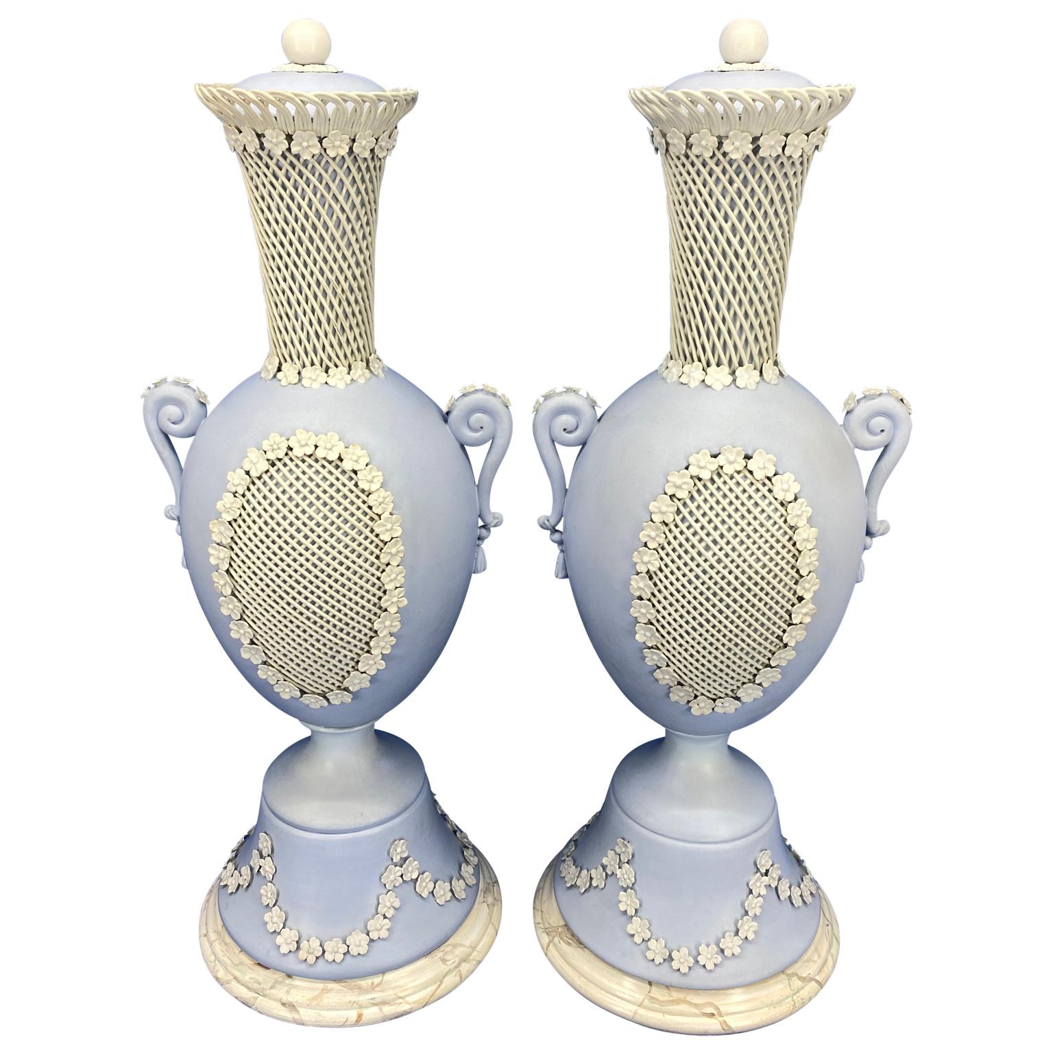 Pair Of Light Blue Jasper Wedgwood Urns and Covers, England, Late 19th Century 2
