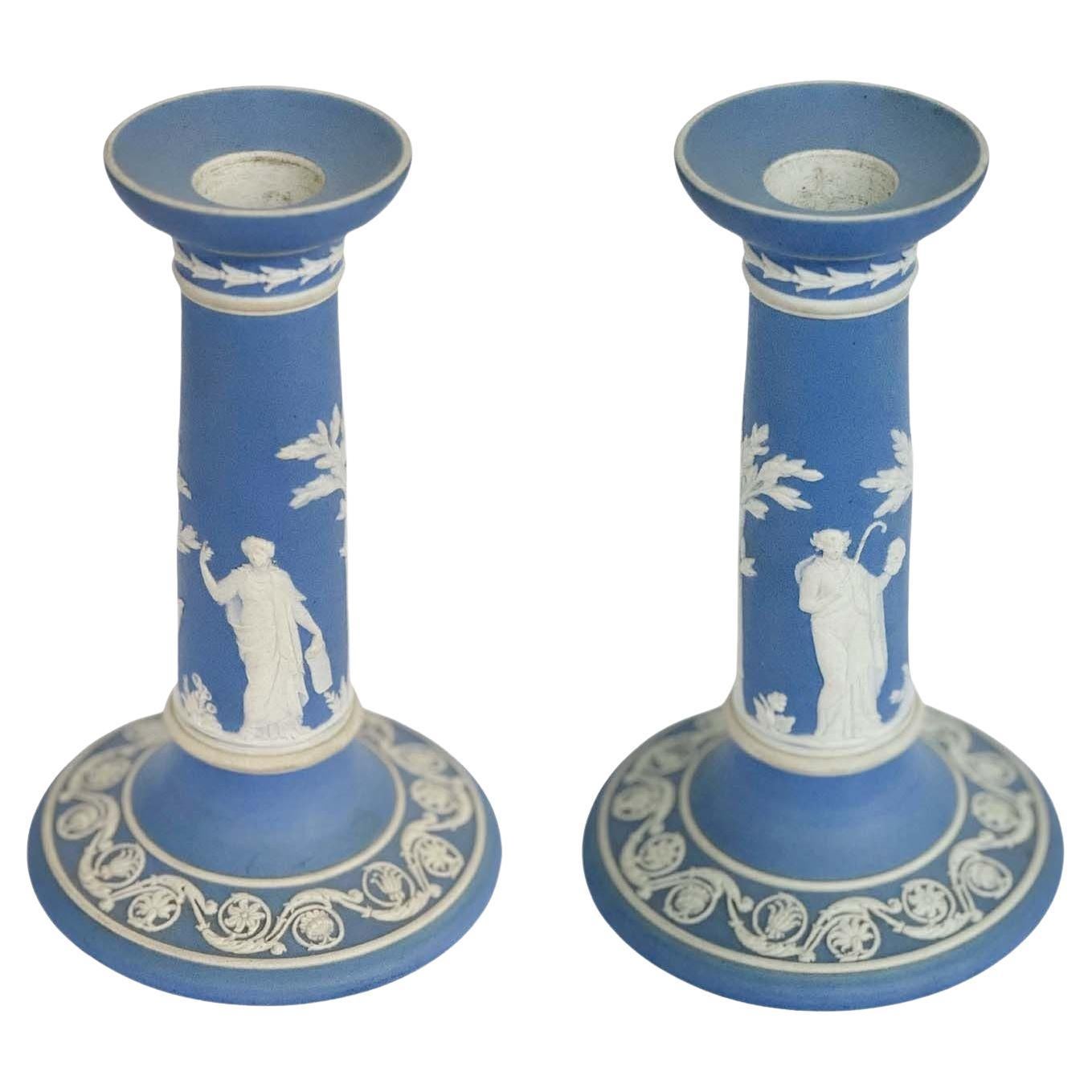 Pair of Light Blue Jasperware Wedgwood Candlesticks, c. 1920's For Sale