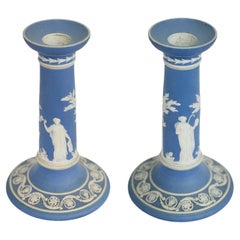 Pair of Light Blue Jasperware Wedgwood Candlesticks, c. 1920's