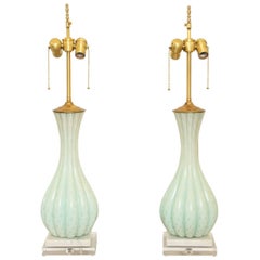 Pair of Light Blue Murano Glass Lamps with Gold Inclusions on Lucite Bases