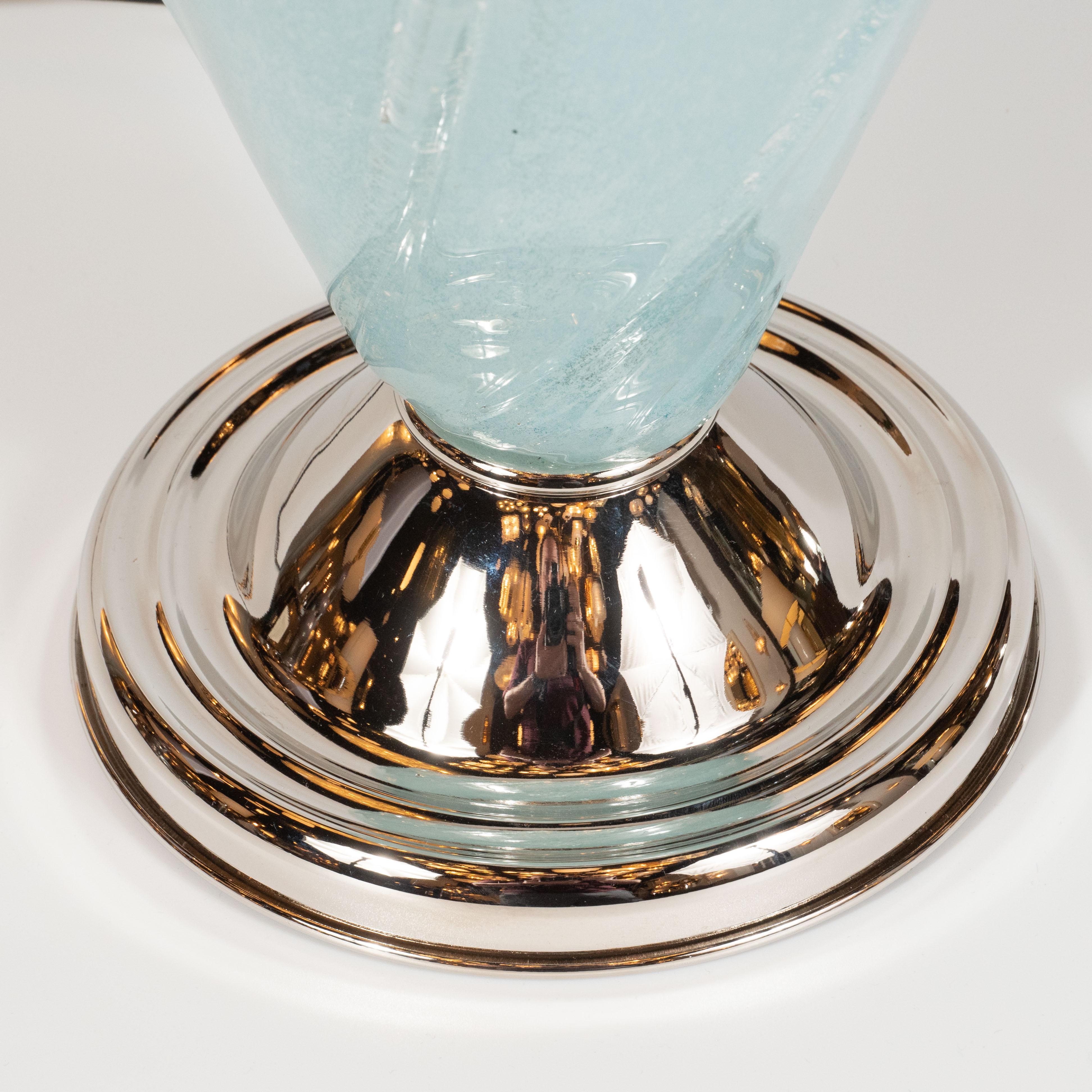 Italian Pair of Light Blue Murano Table Lamps with Chrome Fittings by Seguso