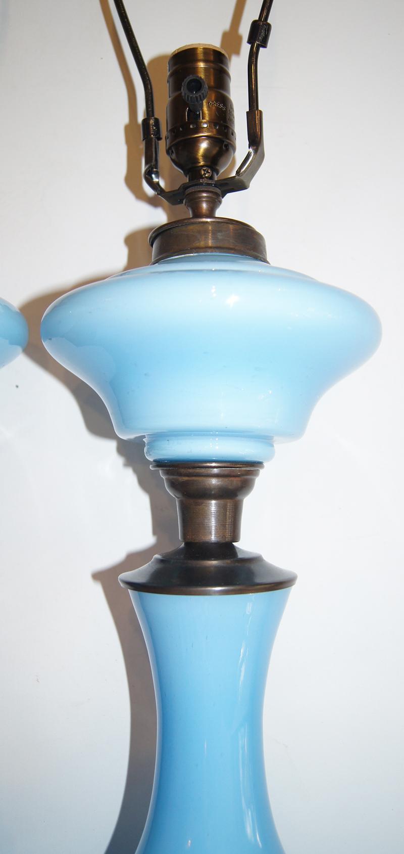 Early 20th Century Pair of Light Blue Opaline Table Lamps