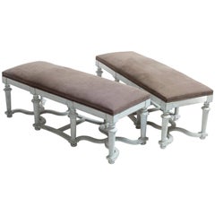 Pair of Light Blue or Green Painted Benches with Grey Cushions