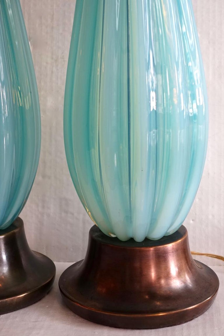 Pair of Light Blue Glass Lamps For Sale at 1stDibs