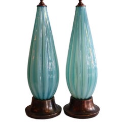 Antique Pair of Light Blue Venetian Glass Lamps