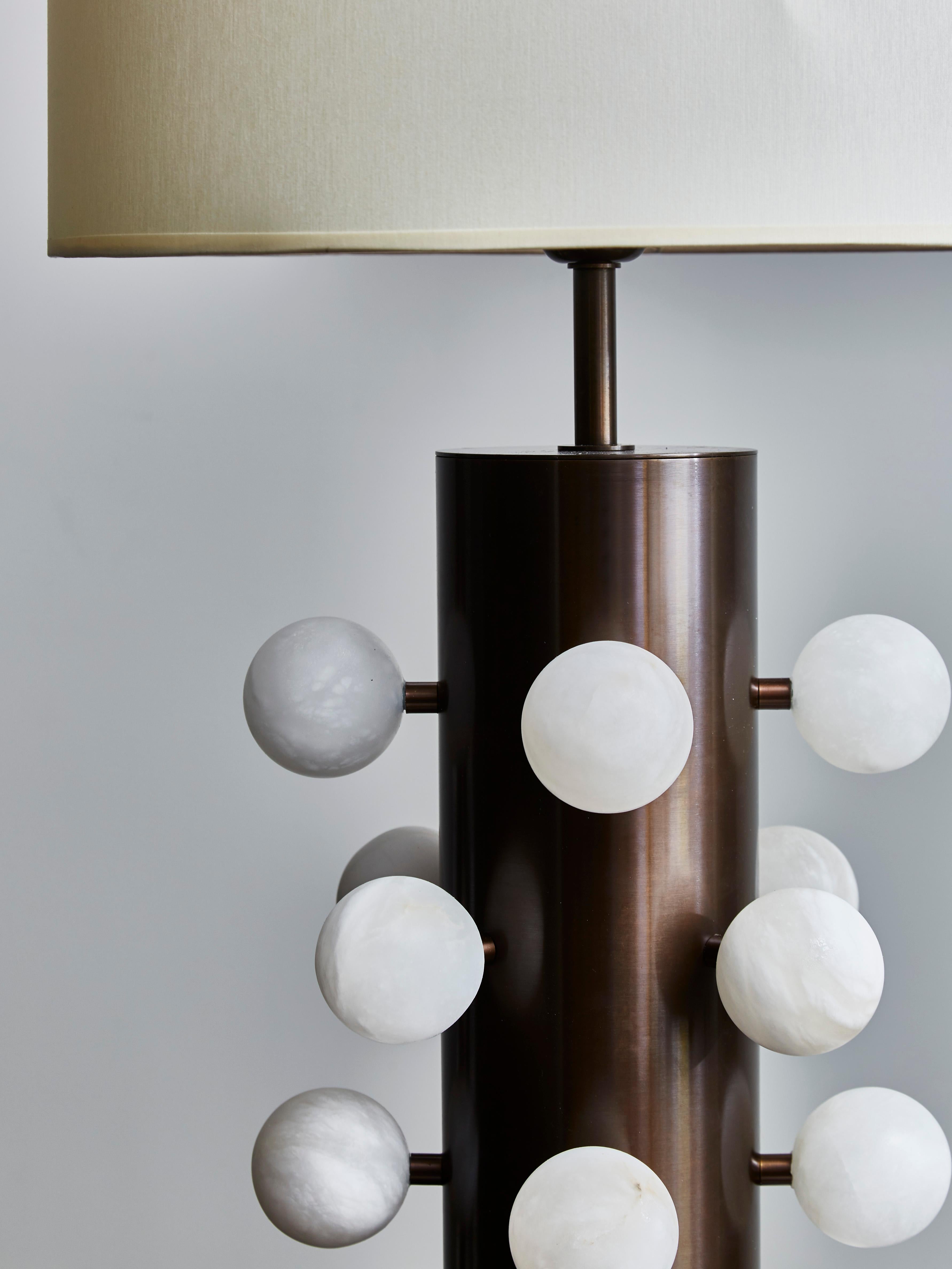 Modern Pair of Light Bronze Finish Brass Table Lamps with Alabaster Spheres For Sale