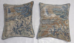 Pair of Light Brown Blue Persian Distressed Pictorial Rug Pillows
